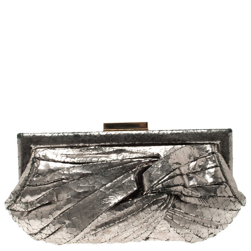 Pre Owned Anya Hindmarch Metallic Silver Crackled Leather Frame Clutch