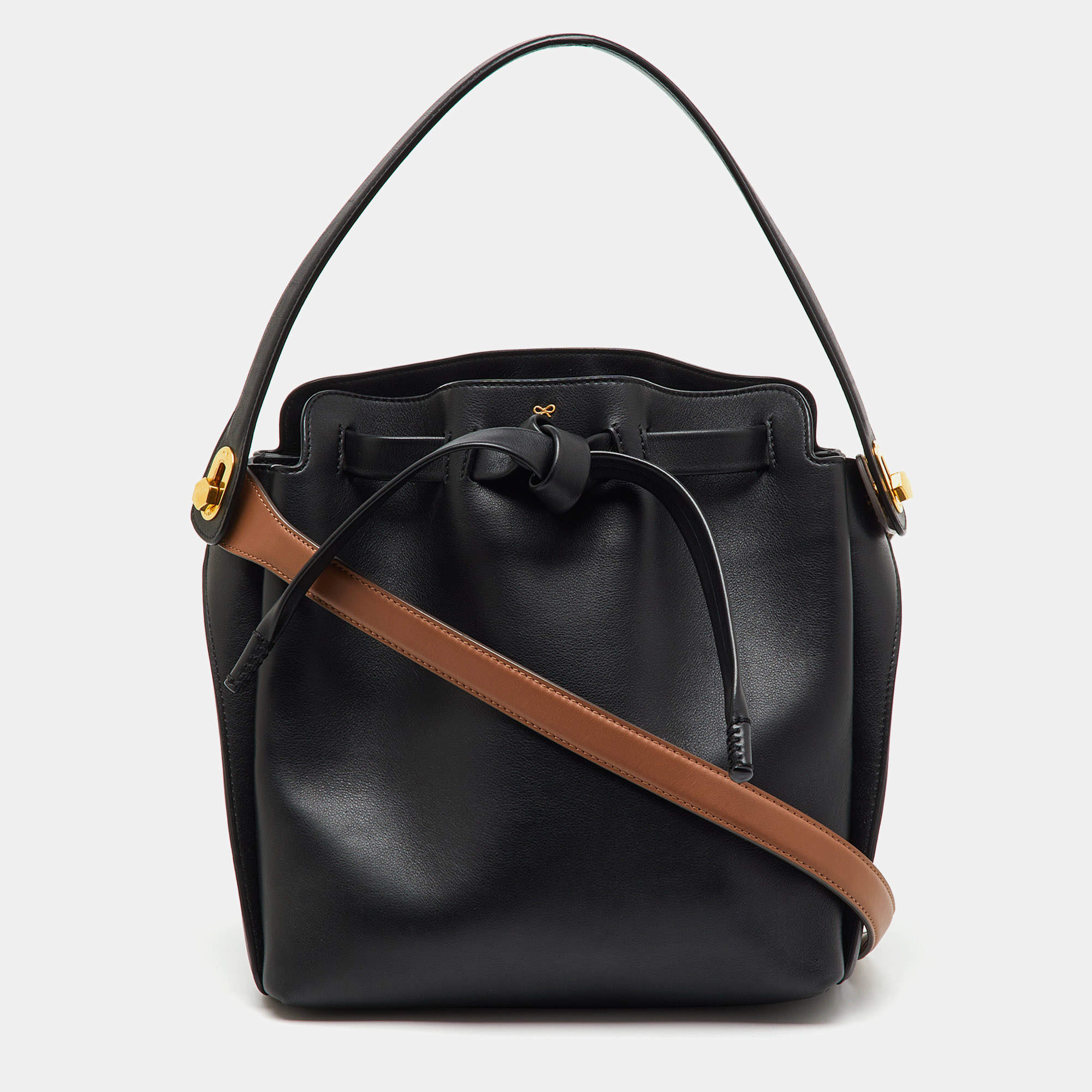 Pre Owned Anya Hindmarch Black Leather Small Shoelace Drawstring Bag