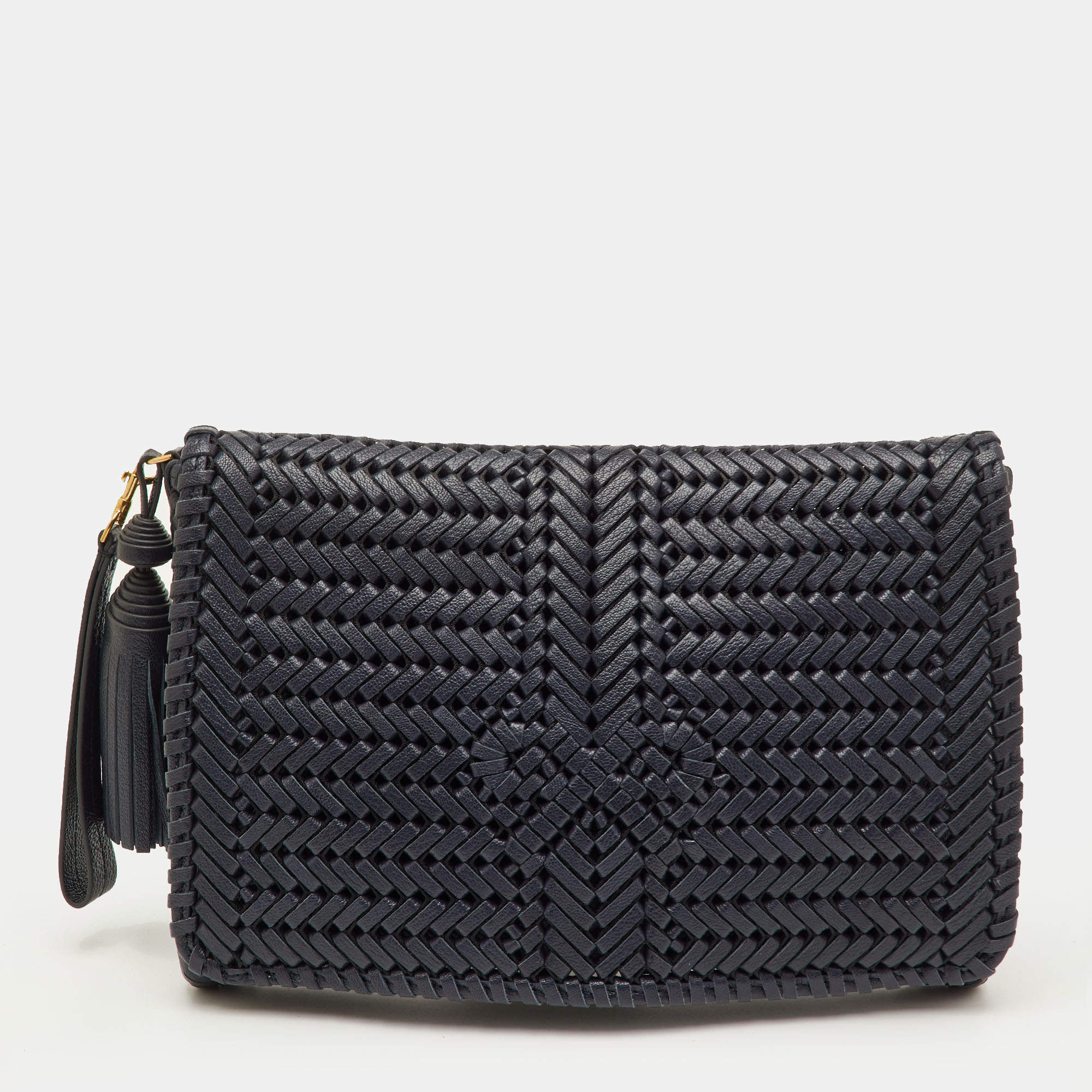 مملوكة مسبقًا Anya Hindmarch Navy Blue Woven Leather Wristlet Clutch