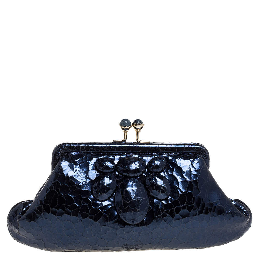 Pre Owned Anya Hindmarch Metallic Blue Ceramic Effect Leather Kiss Lock Clutch 