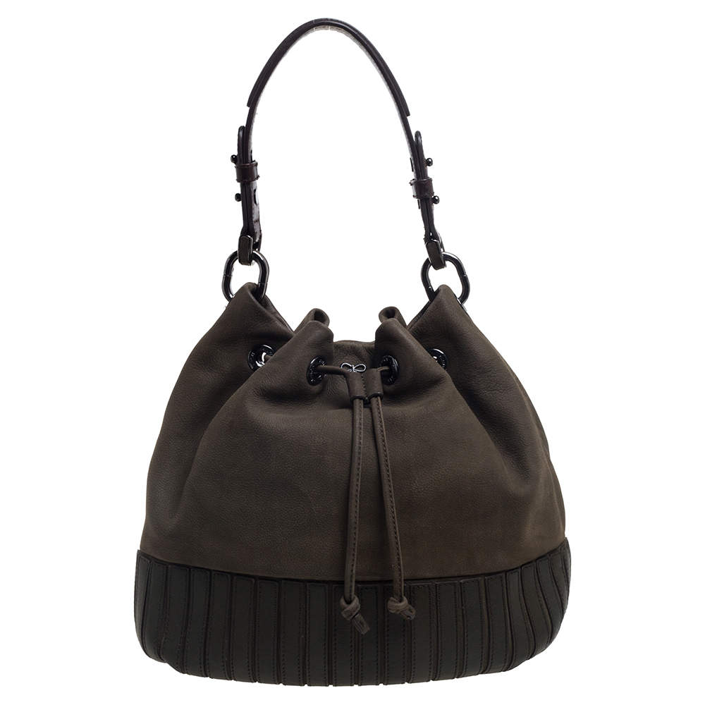 Pre Owned Anya Hindmarch Olive Green Leather Rhodes Bucket Bag