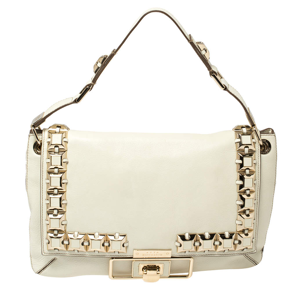 Pre Owned Anya Hindmarch White Leather Studded Flap Top Handle Bag
