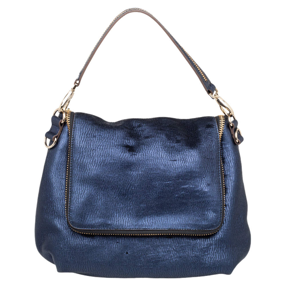 Anya Hindmarch Navy Blue Holographic Textured Leather Shoulder Bag