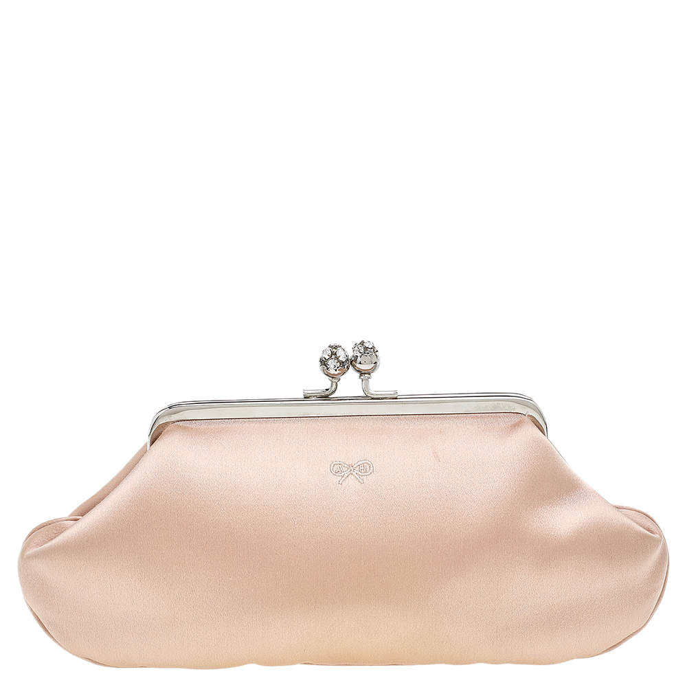 Pre Owned Anya Hindmarch Peach Satin Kisslock Clutch