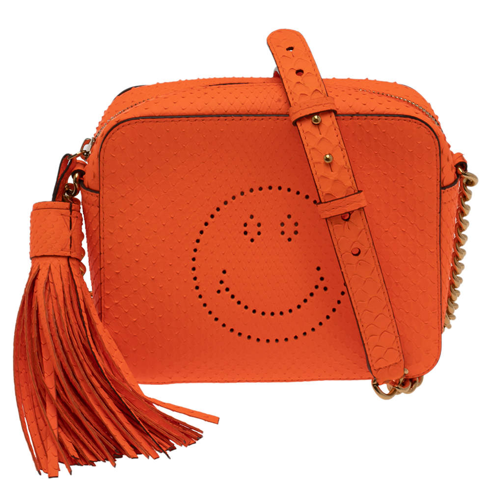 Pre Owned Anya Hindmarch Neon Orange Python Smiley Crossbody Bag