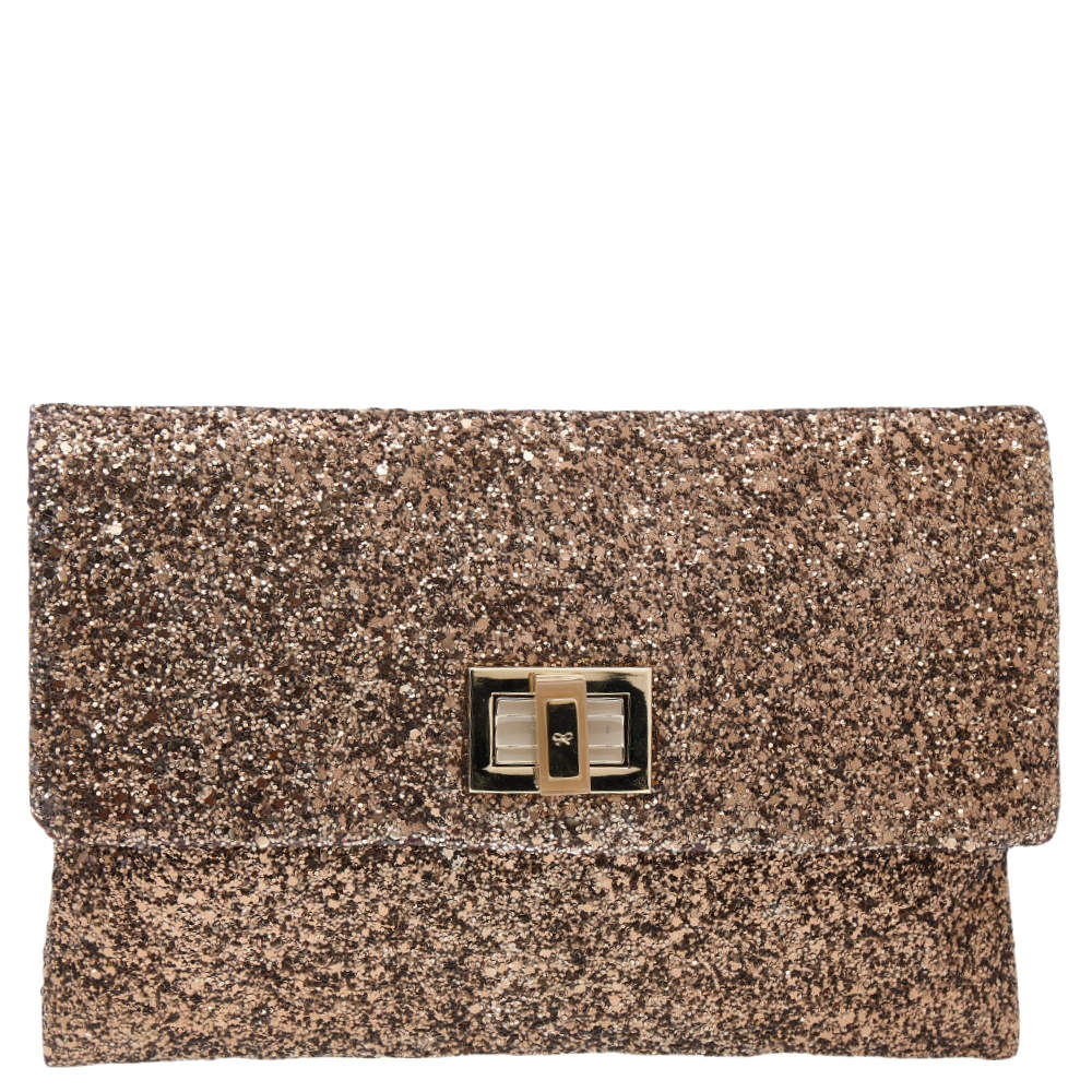Pre Owned Anya Hindmarch Bronze Glitter Flap Clutch