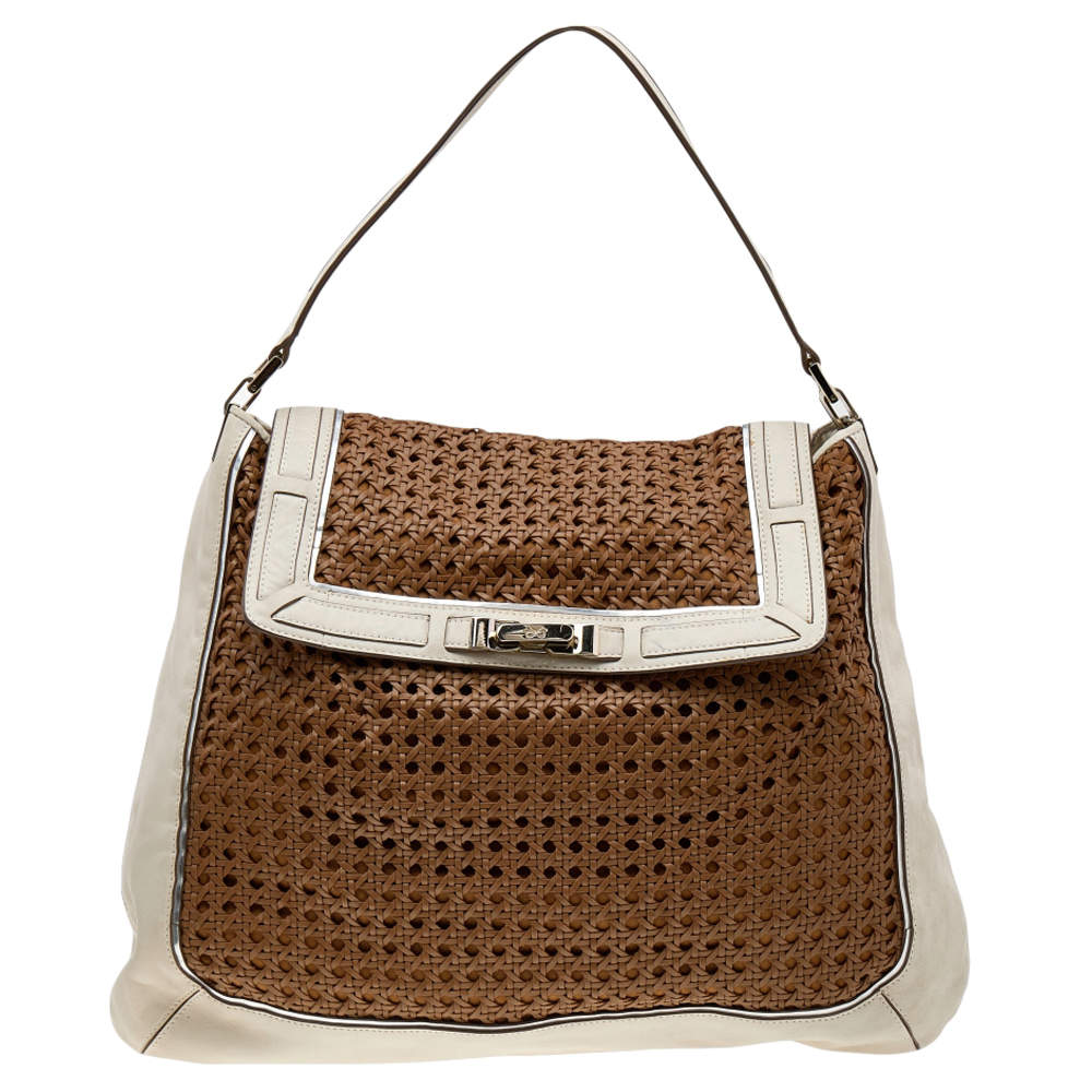 Pre Owned Anya Hindmarch White/Brown Leather Bowery Woven Flap Shoulder Bag