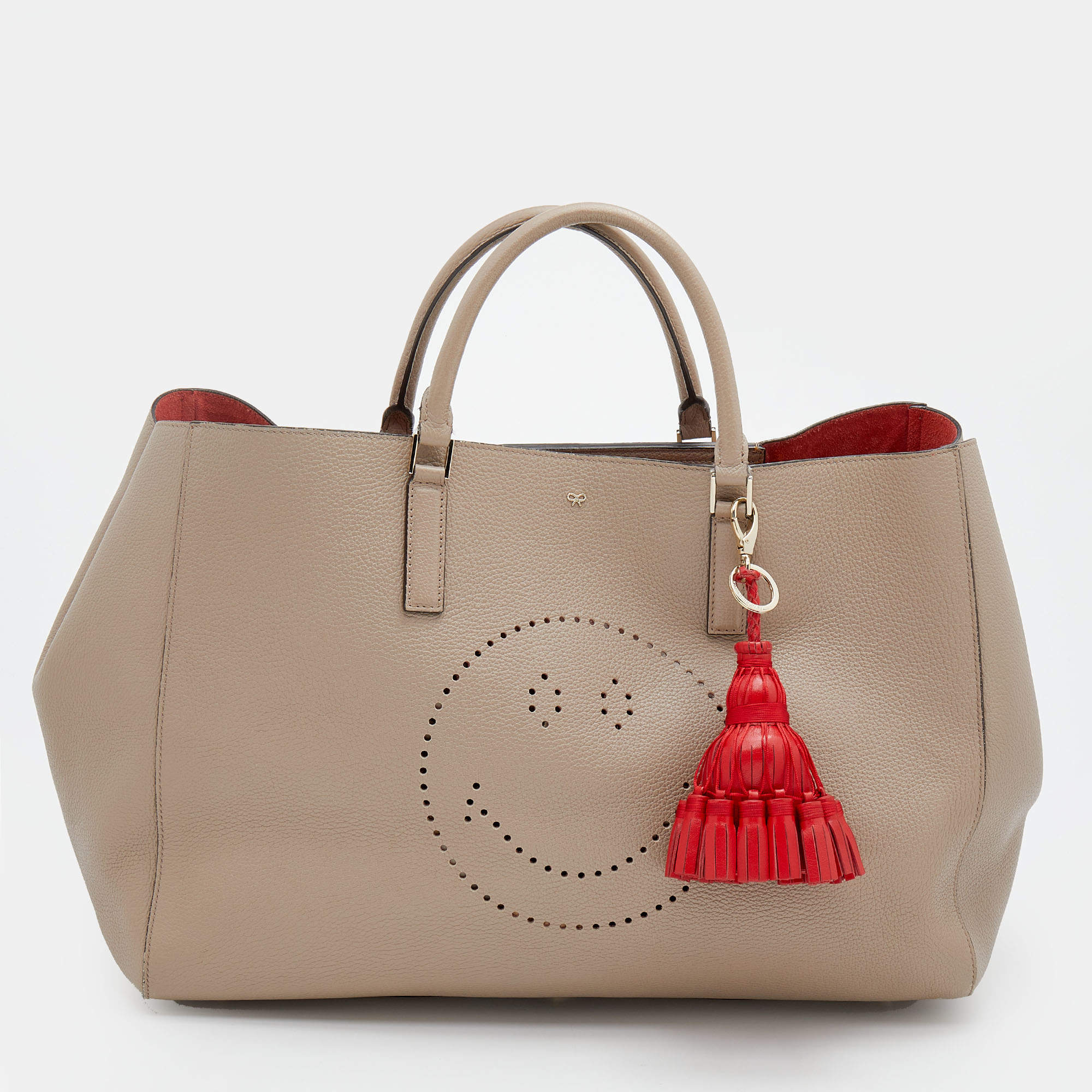 Pre Owned Anya Hindmarch Beige Leather Featherweight Smiley Ebury Tote