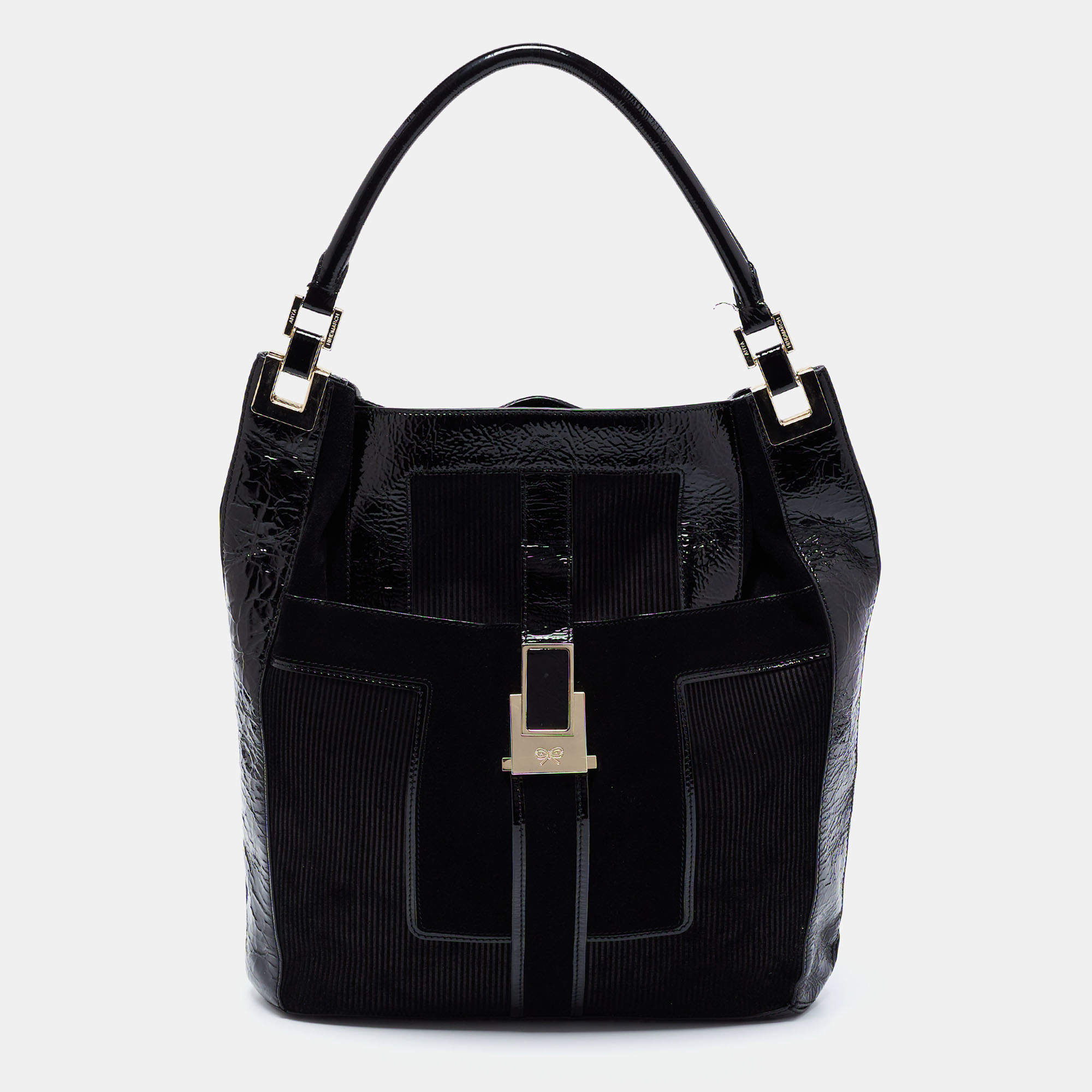 Pre Owned Anya Hindmarch Black Patent Leather and Suede Pushlock Pocket Tote