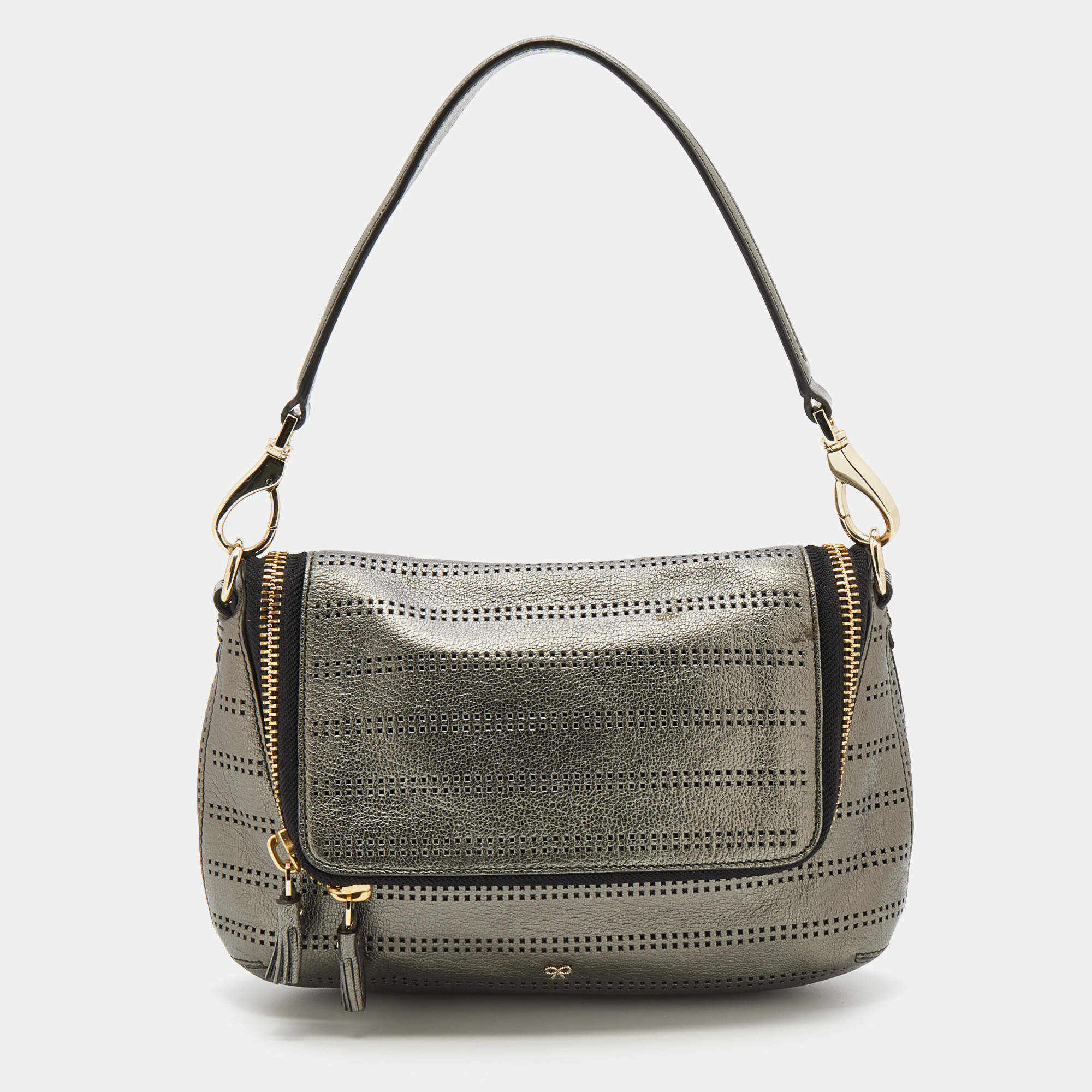Pre Owned Anya Hindmarch Metallic Grey Perforated Leather Shoulder Bag