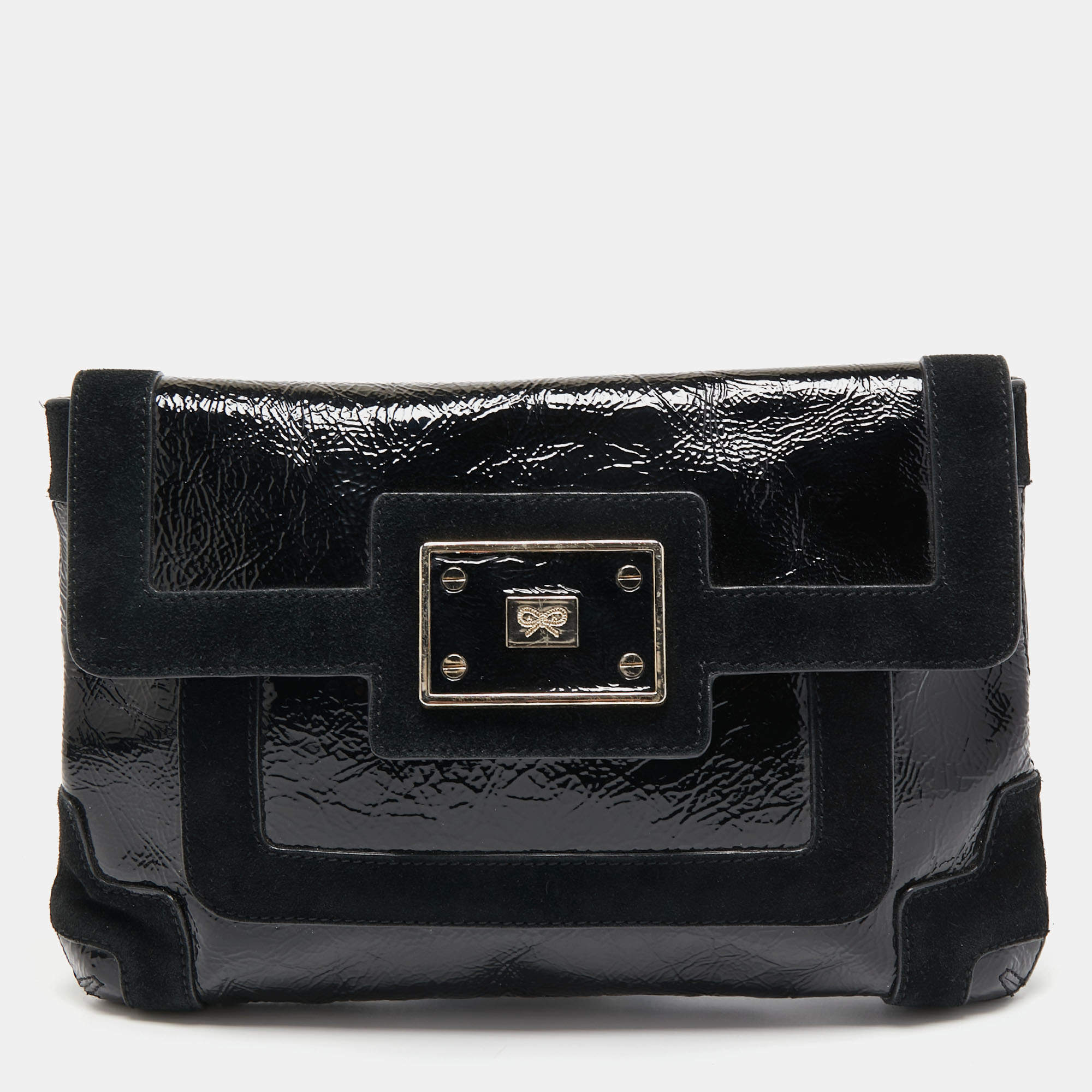 Pre Owned Anya Hindmarch Black Patent Leather And Suede Flap Clutch