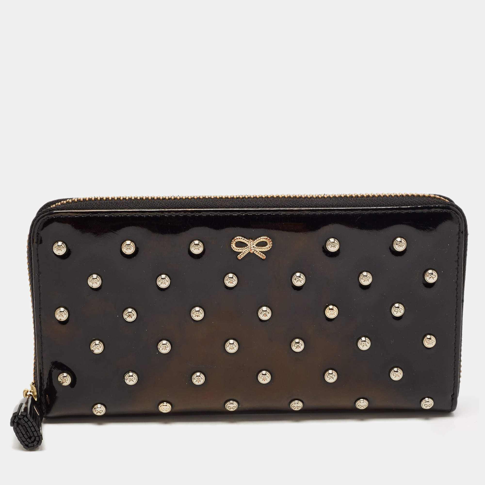Anya Hindmarch Black Patent Leather Studded Zip Around Wallet