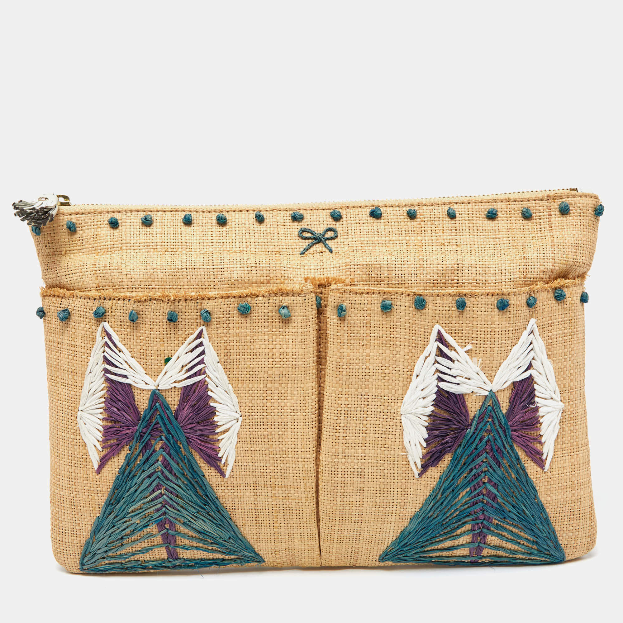 Pre Owned Anya Hindmarch Beige Raffia Zip Pouch