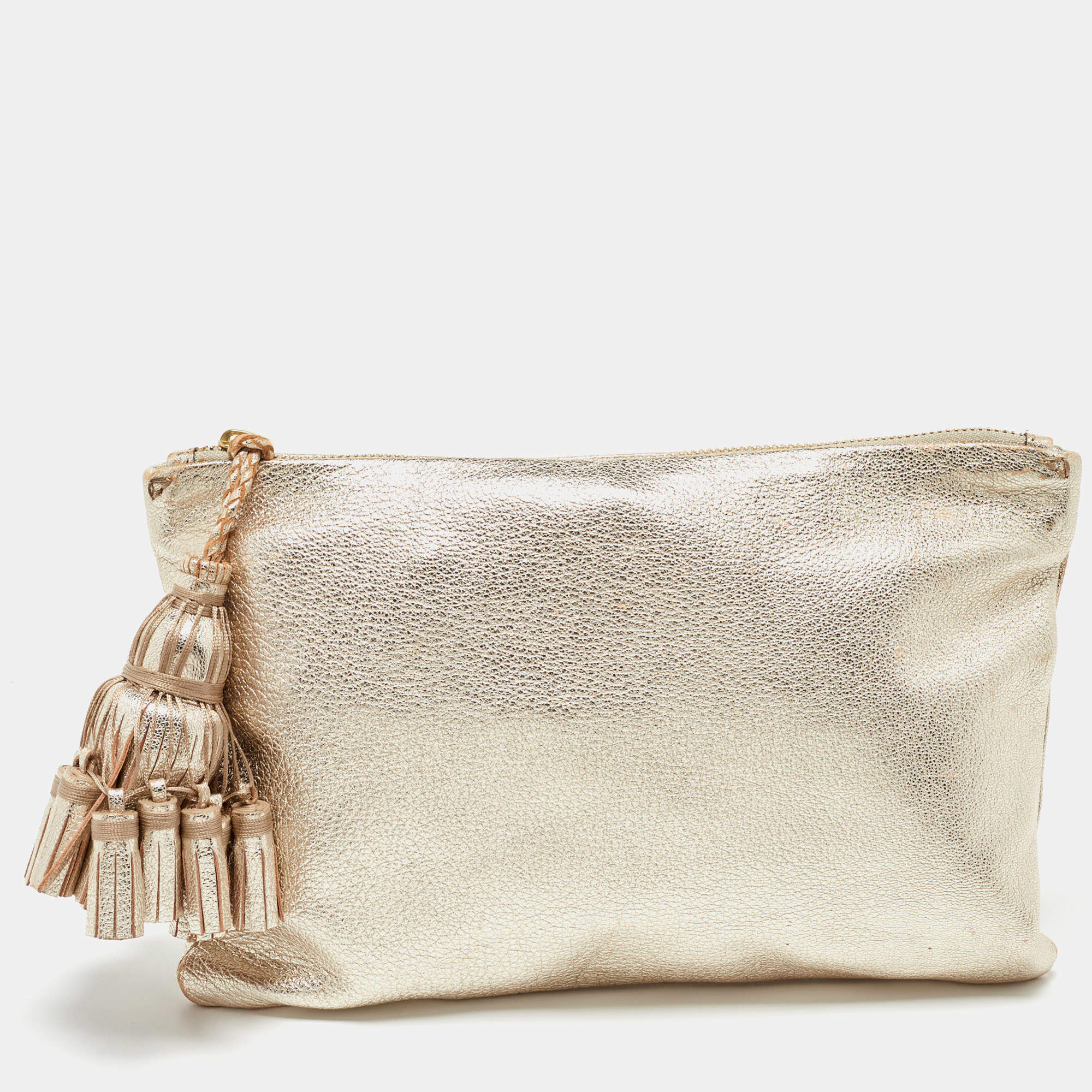 Pre Owned  Anya Hindmarch Gold Leather Tassel Georgiana Clutch 