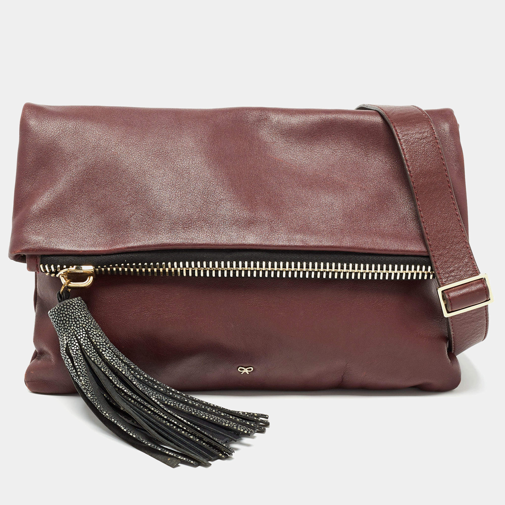 Pre Owned Anya Hindmarch Burgundy Leather Fold Over Tassel Crossbody Bag