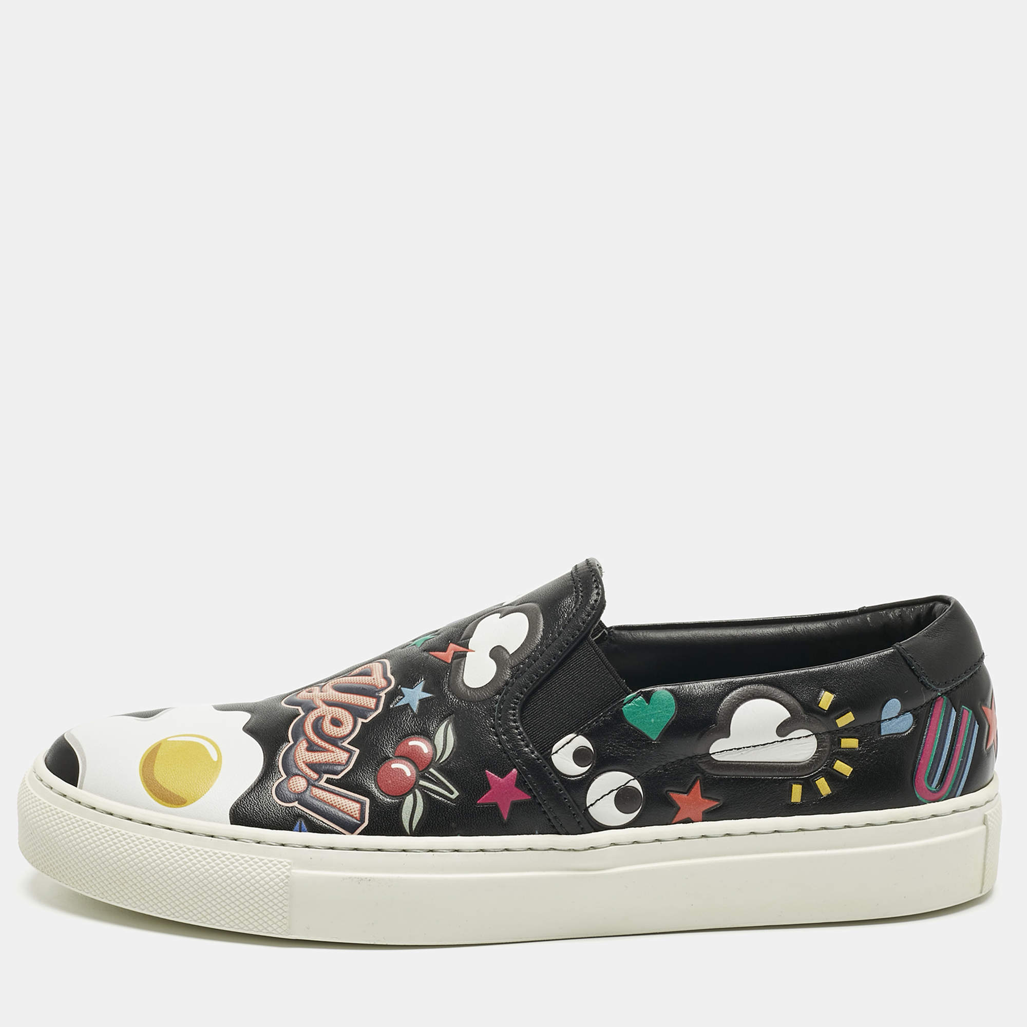 Pre Owned Anya Hindmarch Black Leather All Over Wink Sticker Slip On Sneakers Size 37