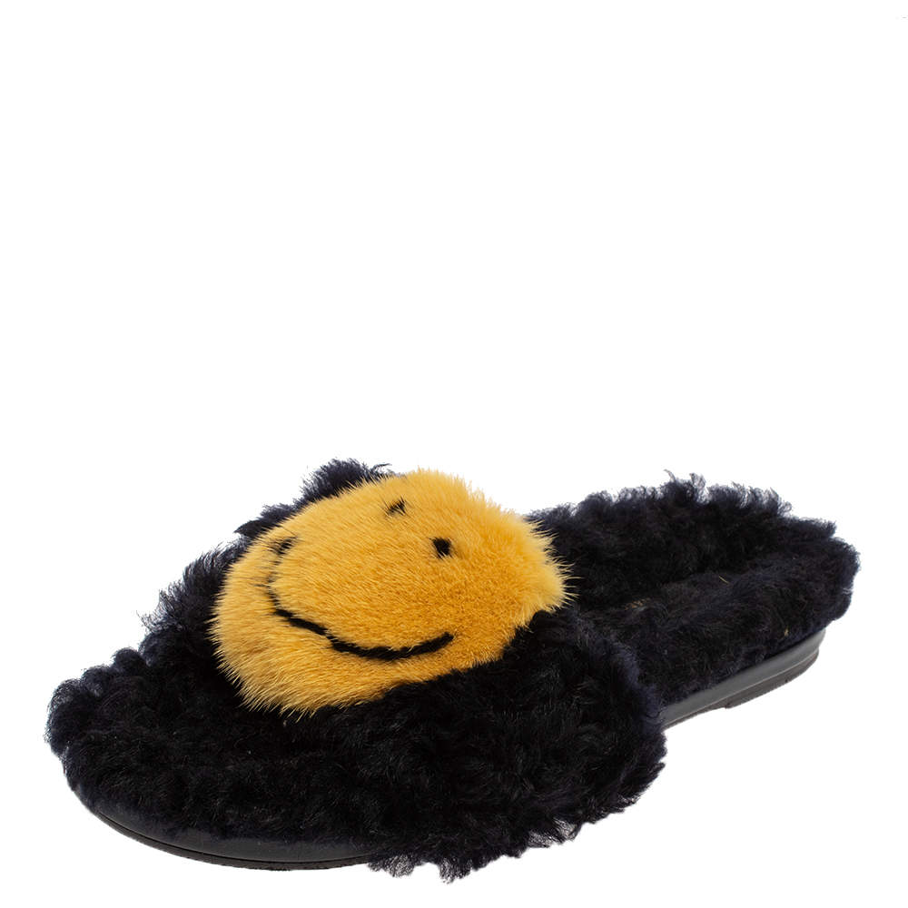 Pre Owned Anya Hindmarch Black/Yellow Smiley Shearling And Fur Flat Slides Size 41