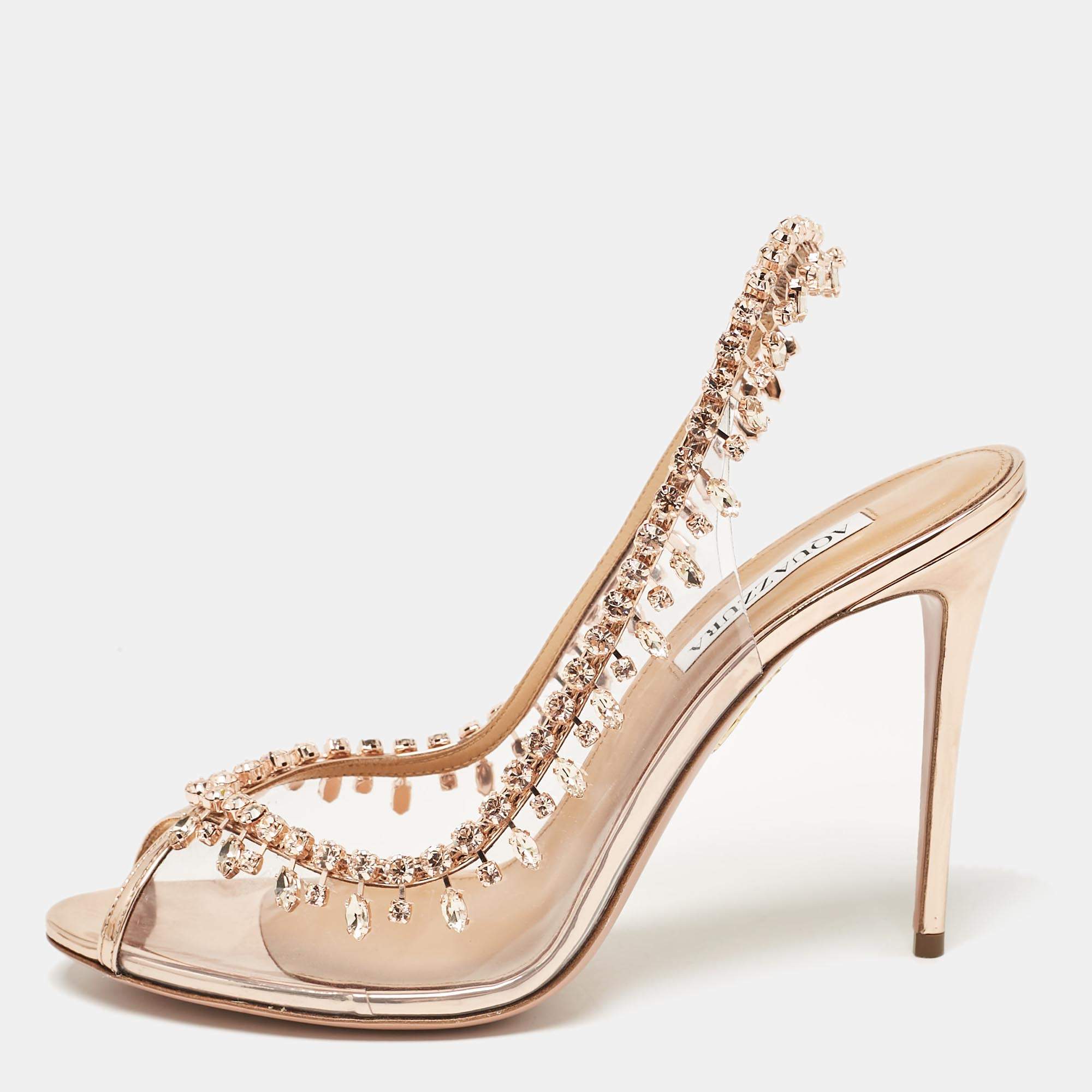 Pre Owned Aquazzura Transparent/Rose Gold PVC and Patent Leather Temptation Slingback Sandals Size 41