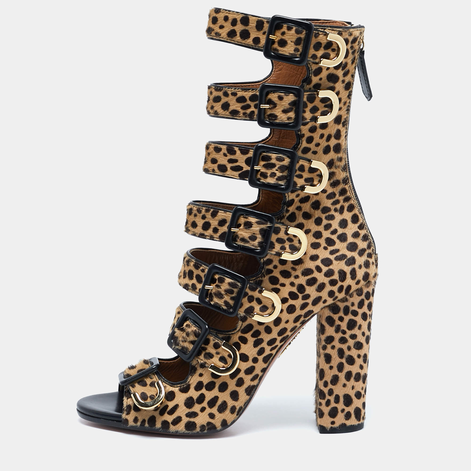 Pre Owned Aquazzura Beige/Black Leopard Print Calf Hair Gladiator Sandals Size 37