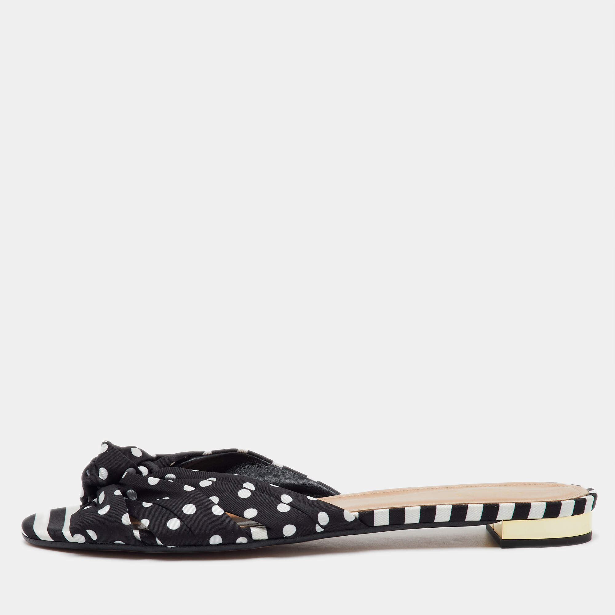 Aquazzura Black Polka Dot Print Fabric Knot Flat Slide Sandals Size 40
