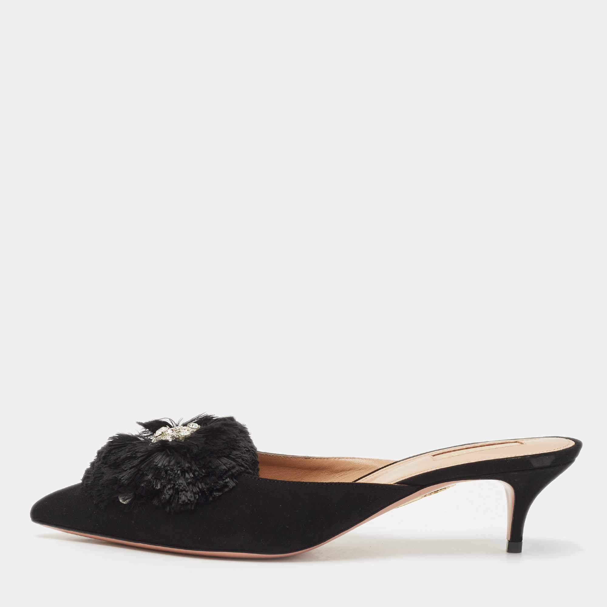 Pre Owned Aquazzura Black Suede Crystal Embellished Lotus Mules Size 40