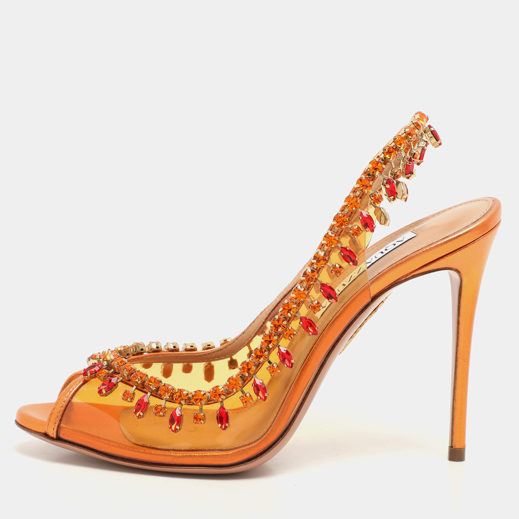 Pre Owned Aquazzura Transparent/Bronze Leather and PVC Temptation Pumps Size 37.5