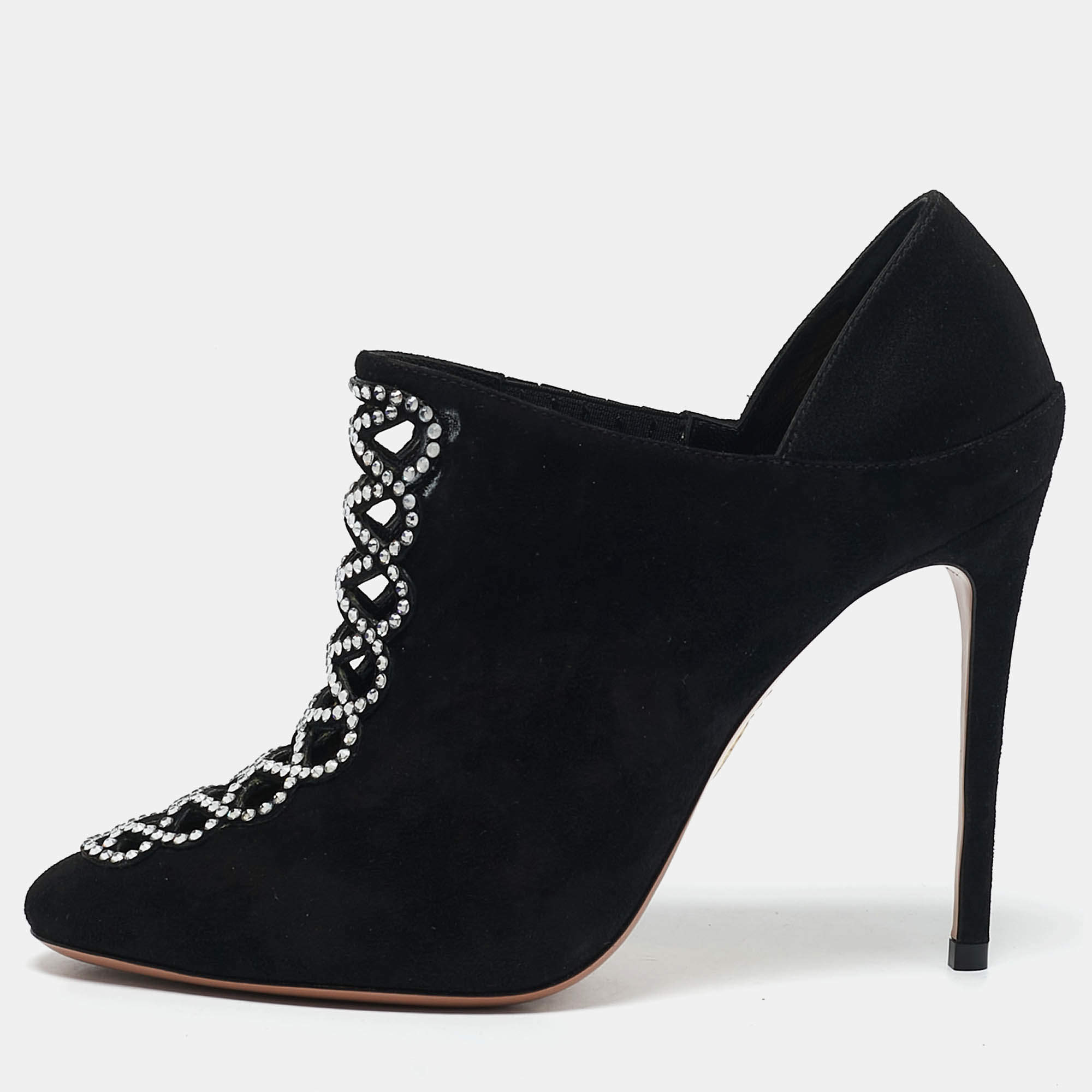 Aquazzura Black Suede Leather and Satin Crystal Embellished Amour Pumps Size 37.5