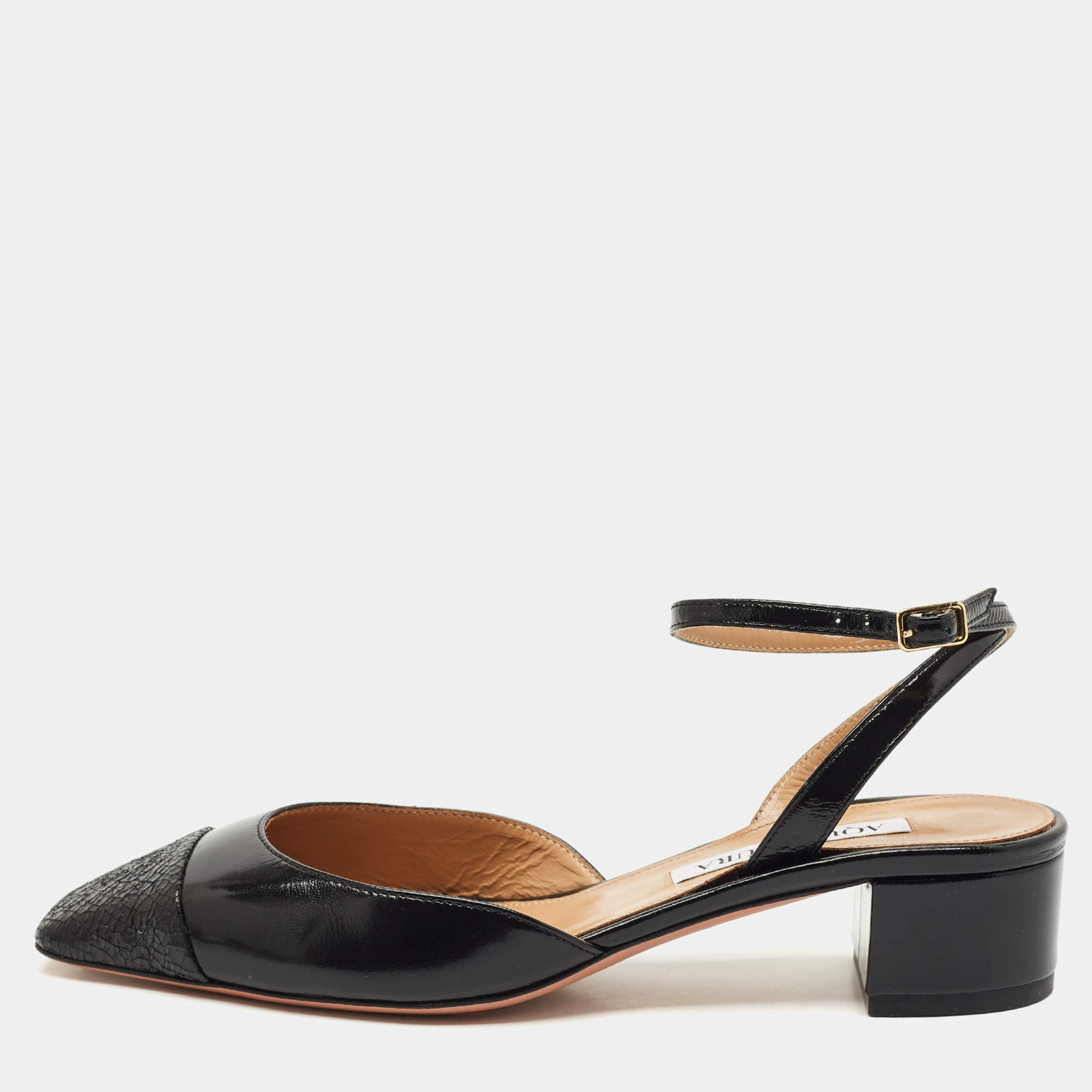 Pre Owned Aquazzura Black Leather French Flirt Ankle Strap Pumps Size 37