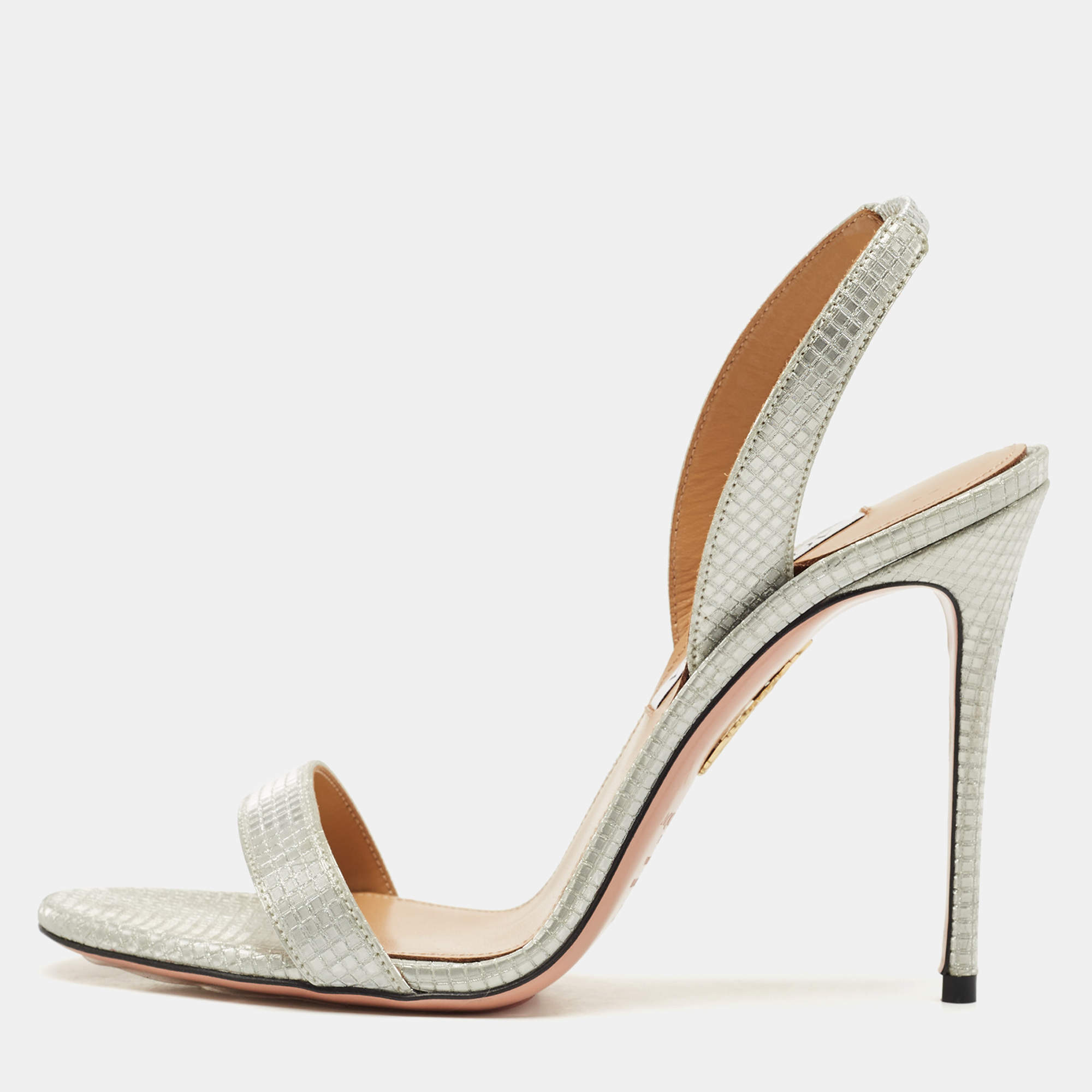 Pre Owned Aquazzura Silver Glitter Ankle Strap Sandals Size 38.5