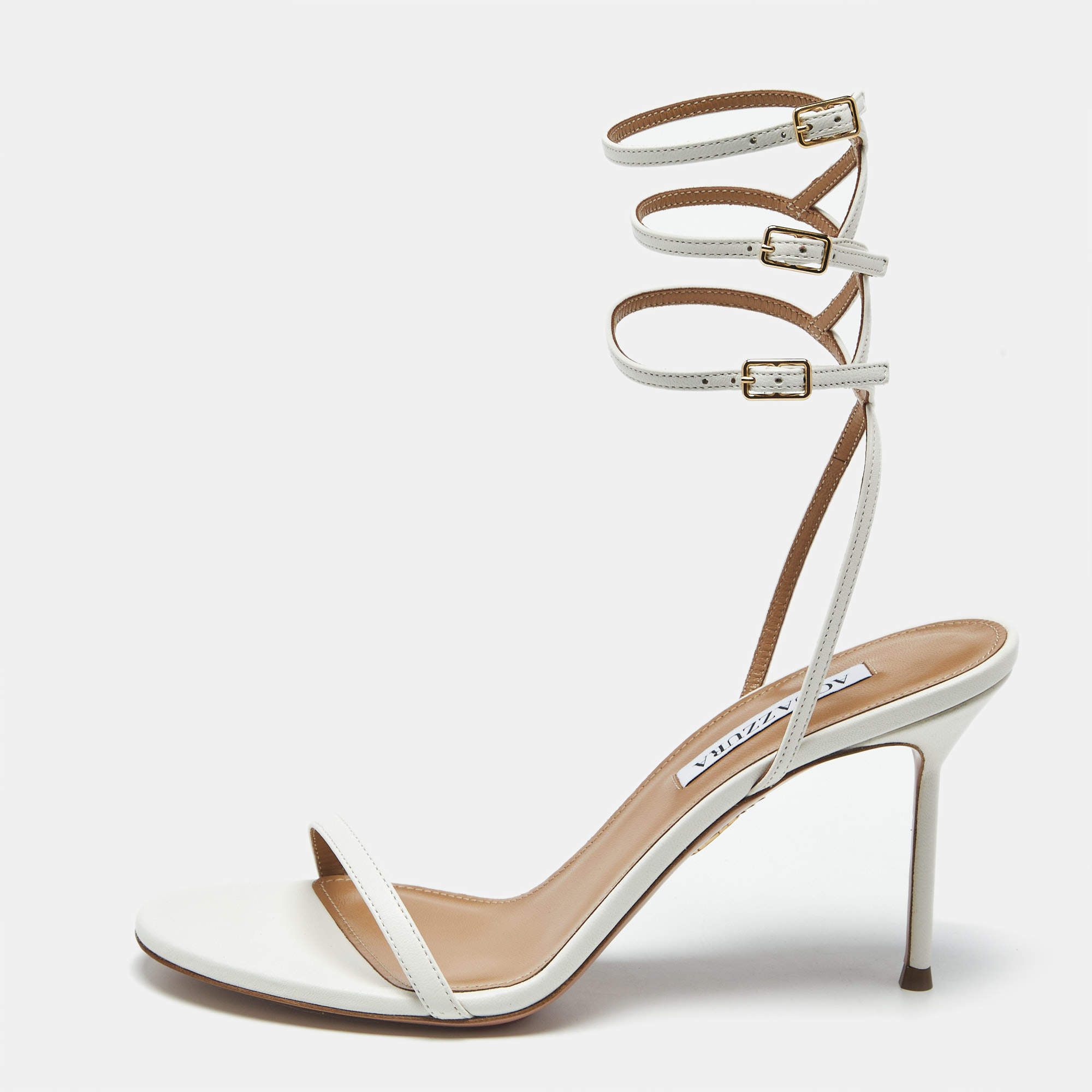 Pre Owned Aquazzura White Leather Essence Ankle Strap Sandals Size 39