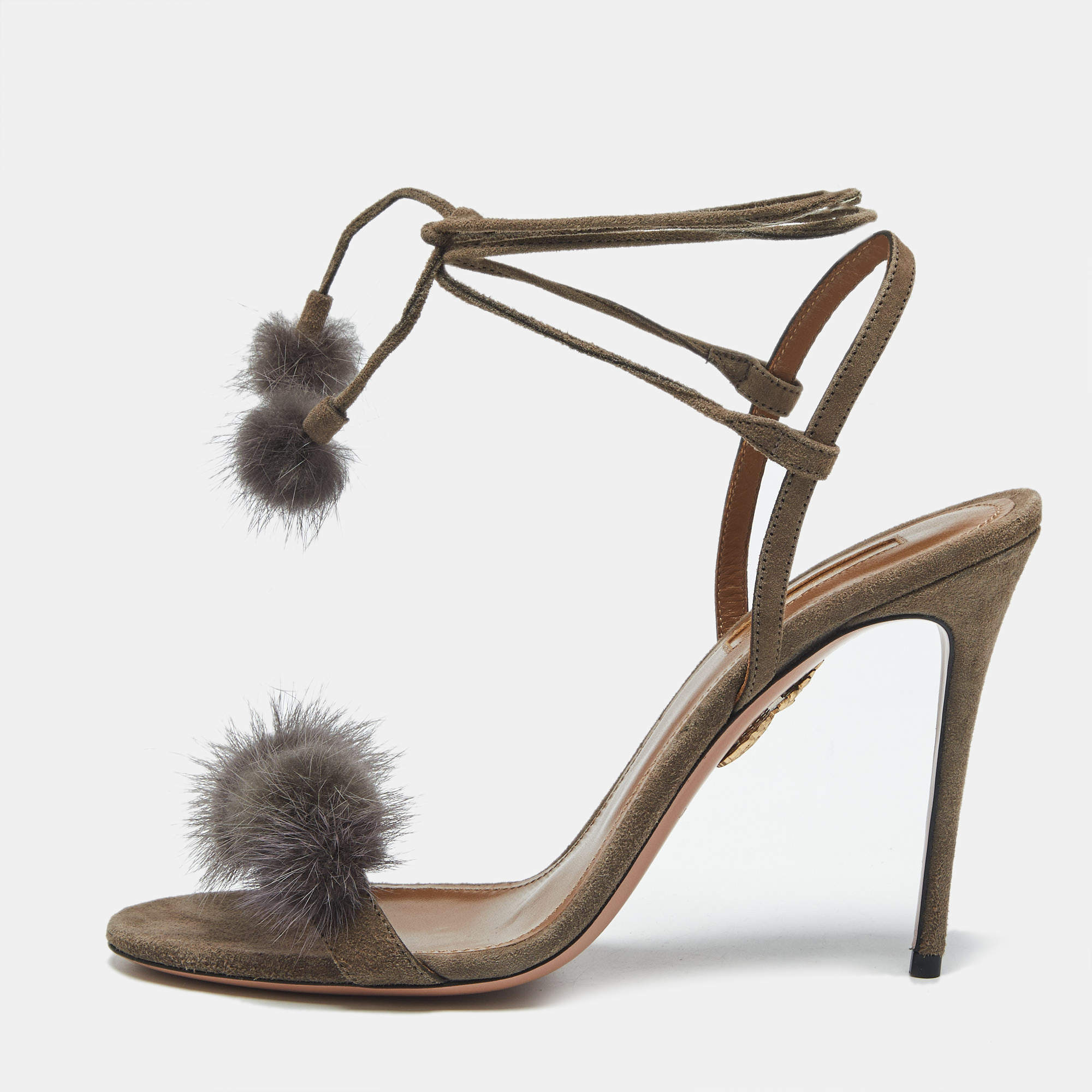 Pre Owned Aquazzura Grey Mink Fur and Suede Wild Russian Ankle Wrap Sandals Size 39