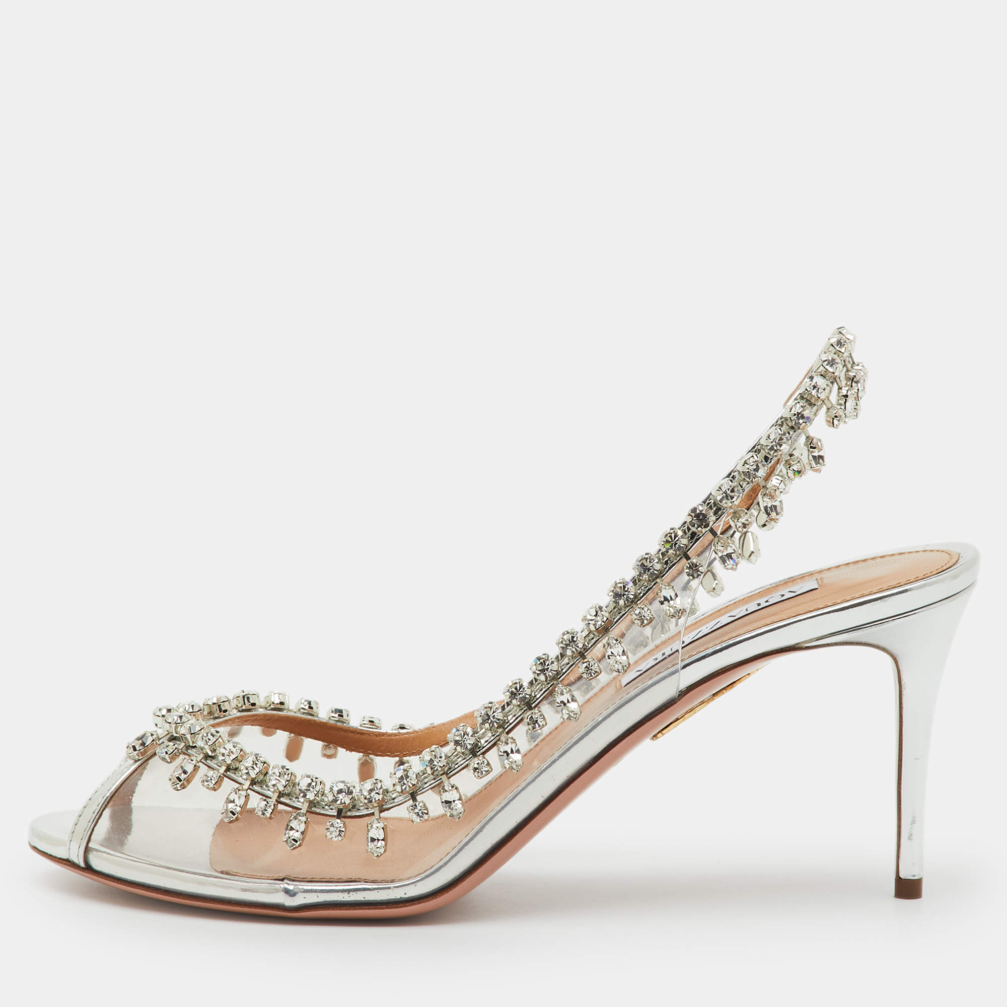 Pre Owned Aquazzura Transparent/Silver PVC and Leather Temptation Crystal Slingback Pumps Size 40