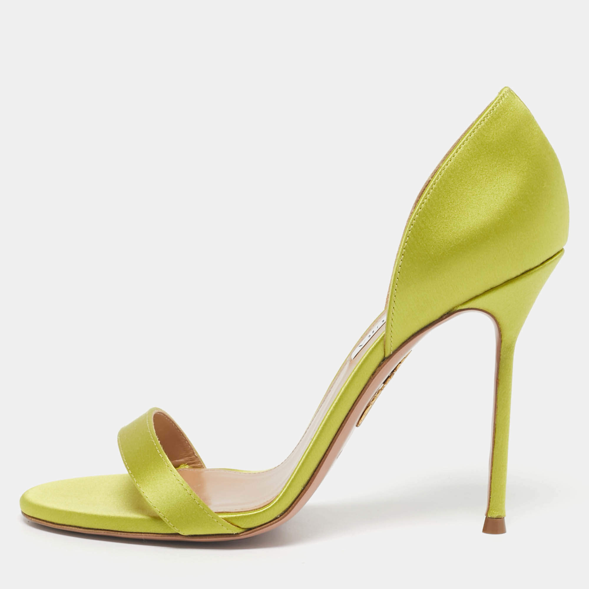 Pre Owned Aquazzura Green Satin Uptown D'orsay Sandals Size 38.5