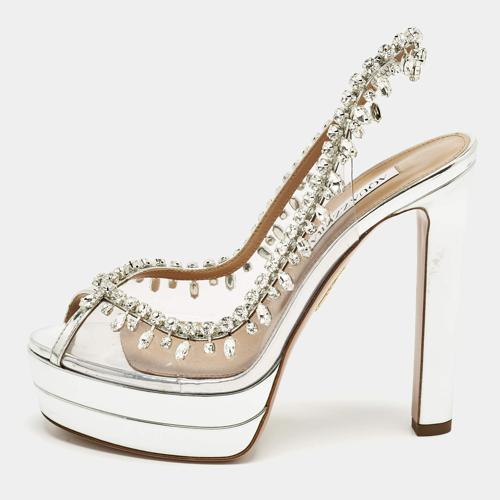 Pre Owned Aquazzura Silver Patent Leather and PVC Temptation Crystals Slingback Platform Pumps Size 38