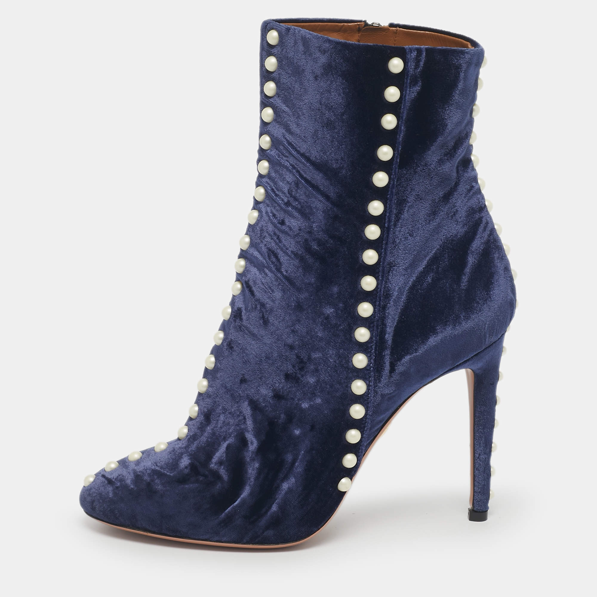 Pre Owned Aquazzura Navy Blue Velvet Follie Pearls Ankle Boots Size 39.5