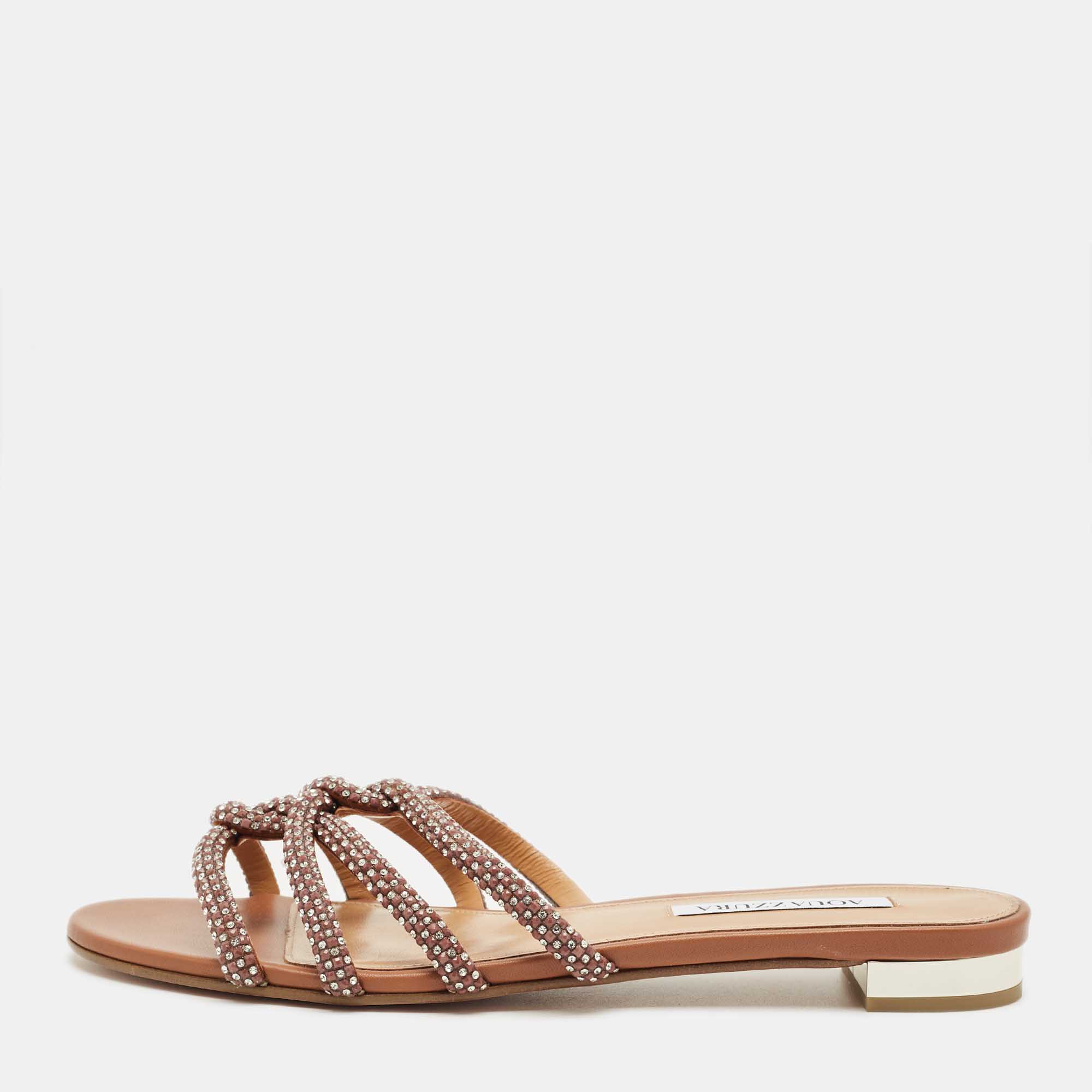 Pre Owned Aquazzura Brown Leather Crystal Embellish Flat Slide Size 41
