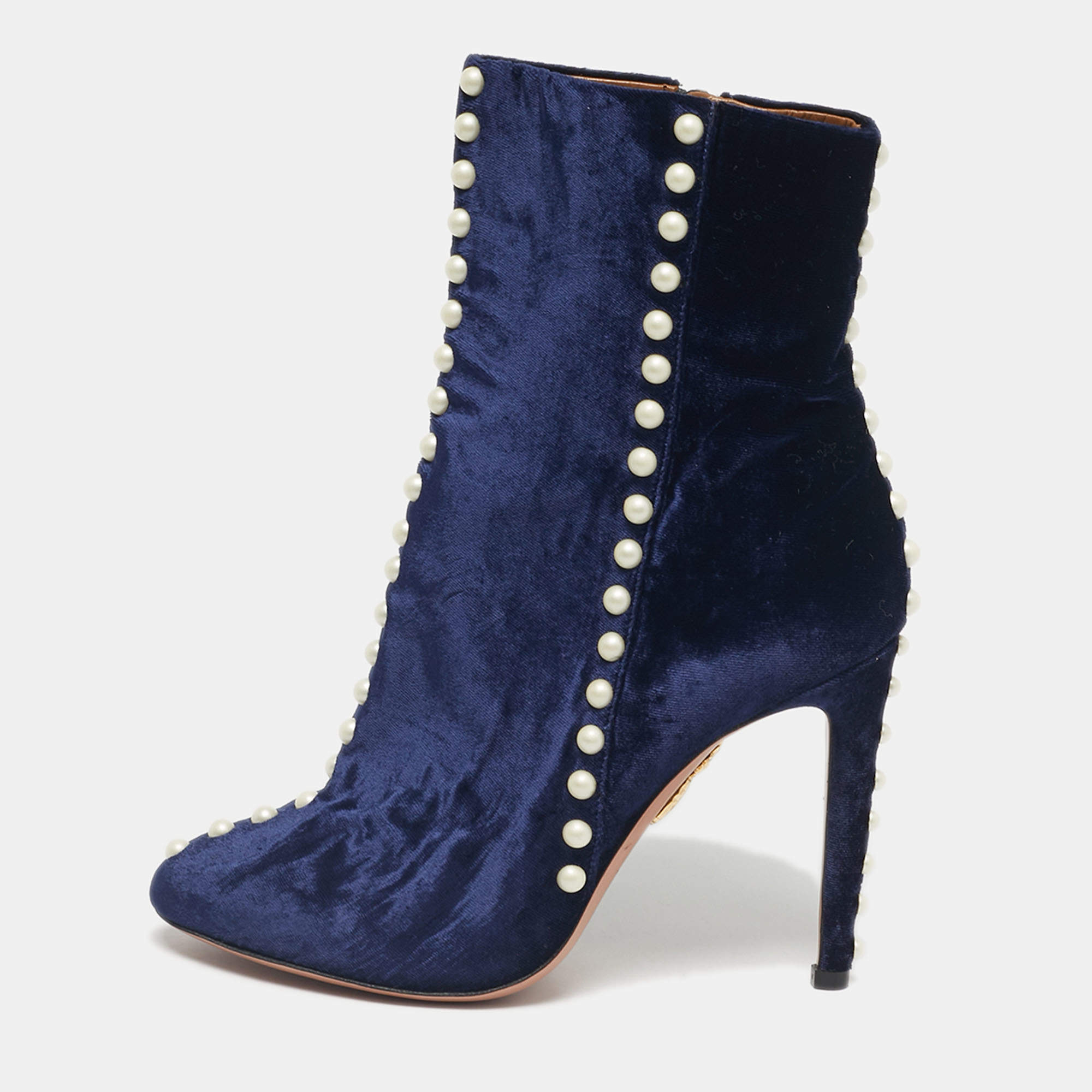 Pre Owned Aquazzura Navy Blue Velvet Follie Pearls Ankle Boots Size 36.5