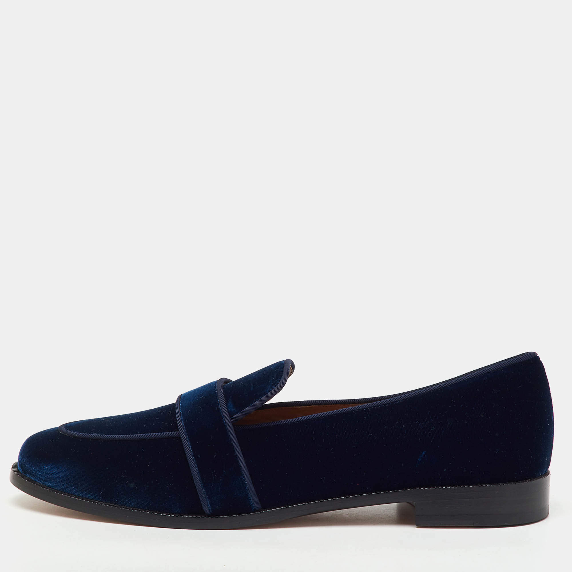 Pre Owned Aquazzura Navy Blue Velvet Martin Slip On Loafers Size 41