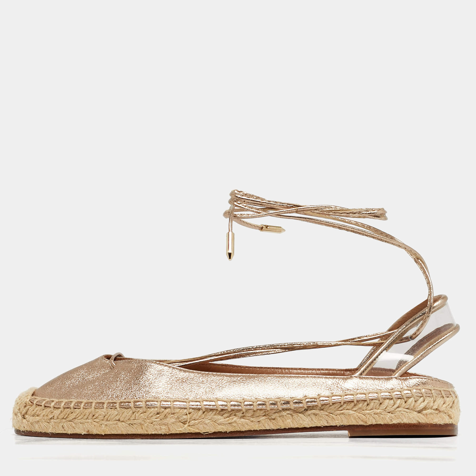 Pre Owned Aquazzura Gold Leather and PVC  Ankle Wrap Espadrille Flat Size 35.5