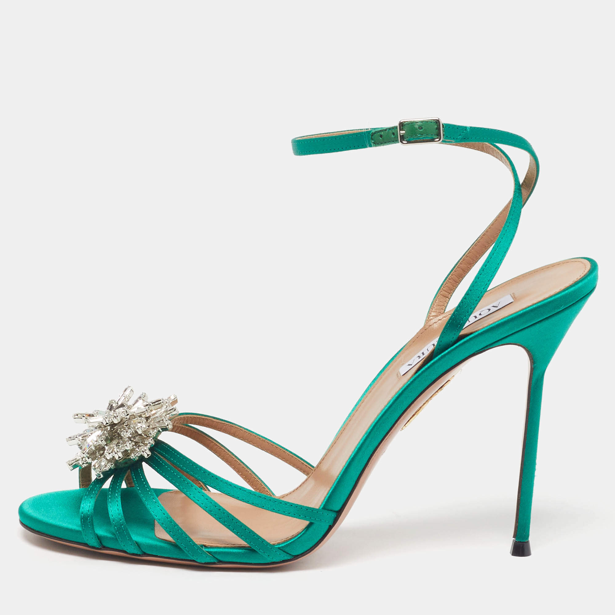 Pre Owned Aquazzura Stardust Size 42 Emerald Satin Ankle Strap Sandals