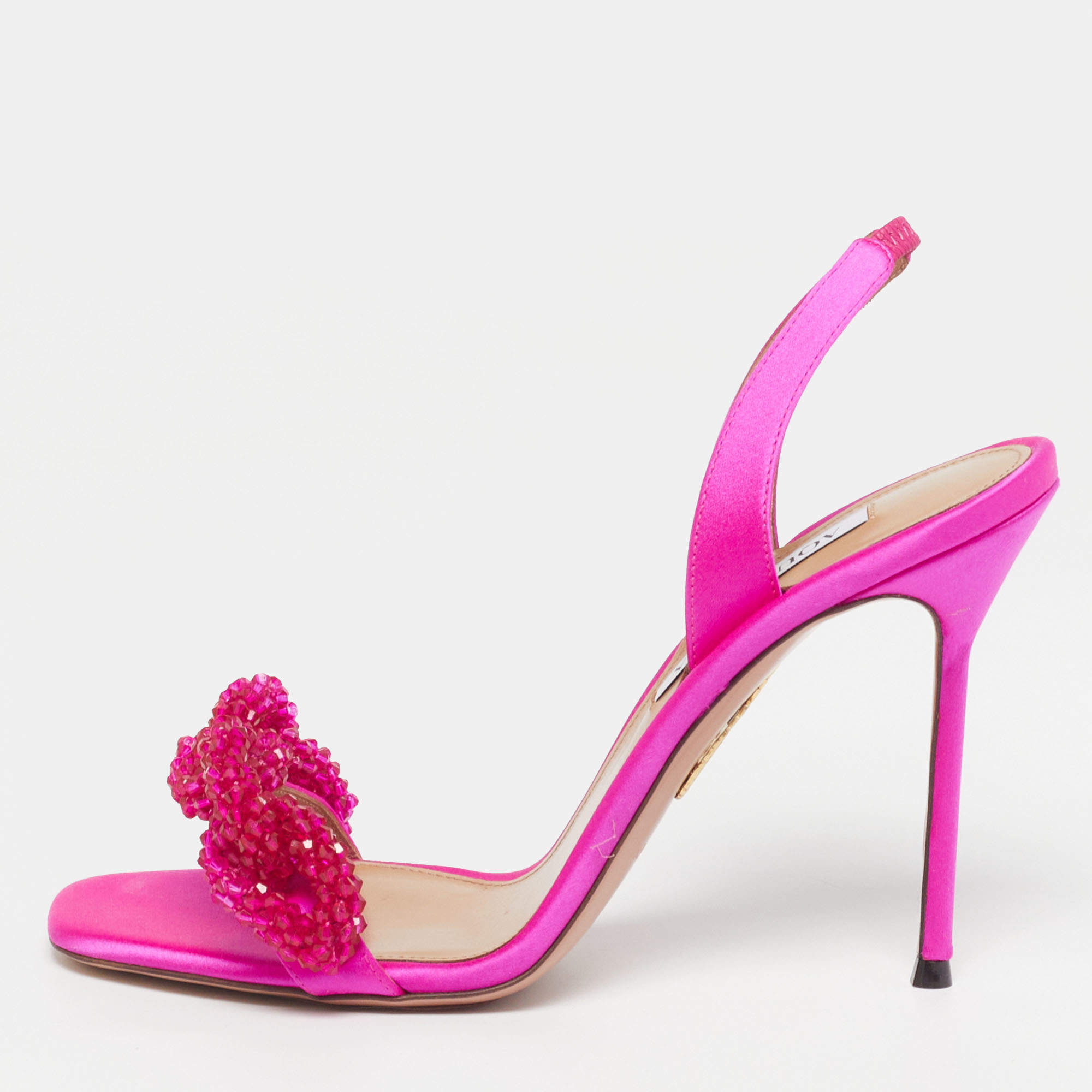 Pre Owned Aquazzura Chain of Love Size 38.5 Pink Satin Slingback Sandals