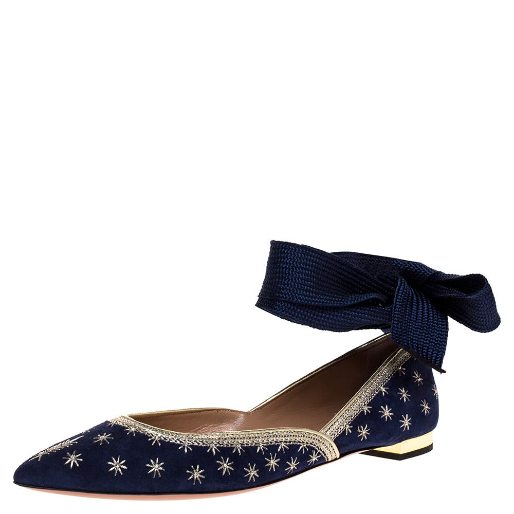 Aquazzura Blue Embroidered Suede Leather Bliss Ankle Wrap Ballet Flats Size 38