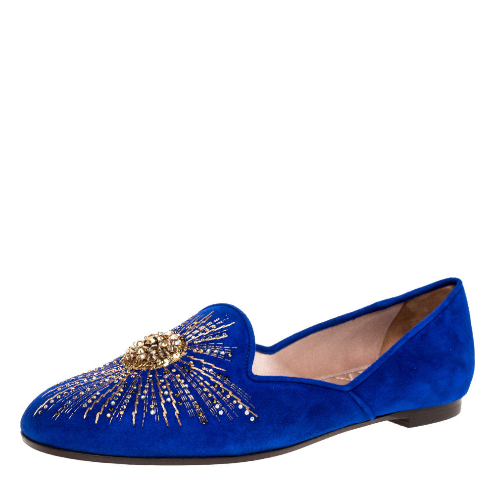 Pre Owned Aquazzura Royal Blue Suede Sunlight Embellished Loafers Size 38