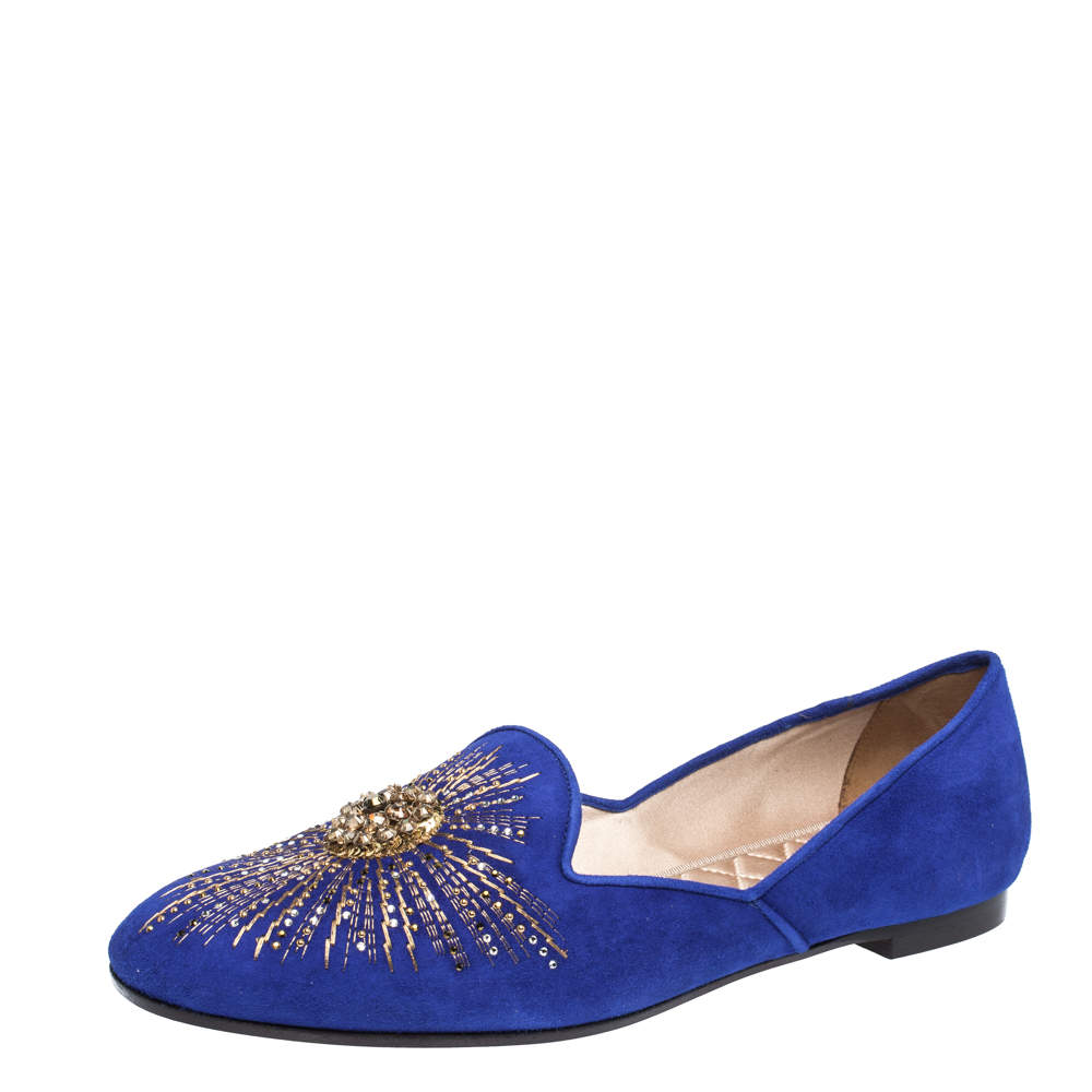Pre Owned Aquazzura Royal Blue Suede Sunlight Embellished Loafers Size 39