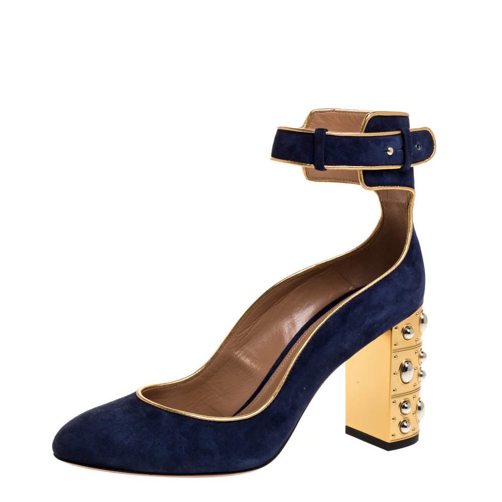 Aquazzura Navy Blue Suede Lucky Star Ankle Strap Pumps Size 38.5