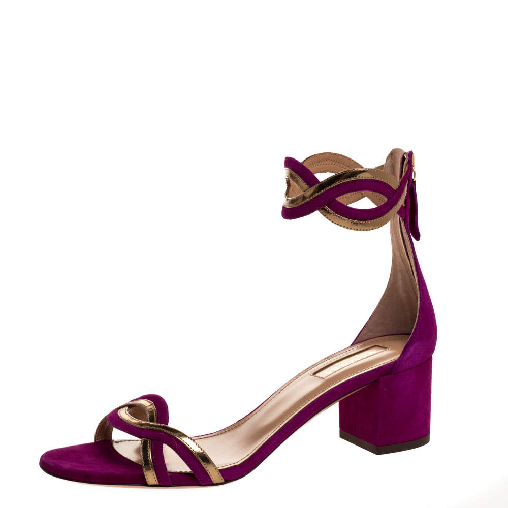 Aquazzura Purple/Gold Suede and Patent Leather Moon Ray Sandals Size 38 ...