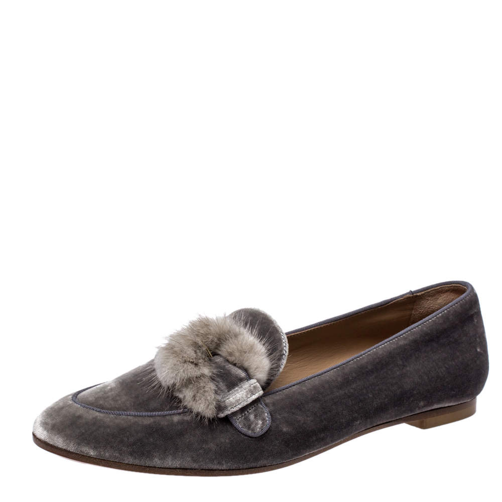 Pre Owned Aquazzura Grey Velvet And Mink Fur Buckle Slip On Loafers Size 38