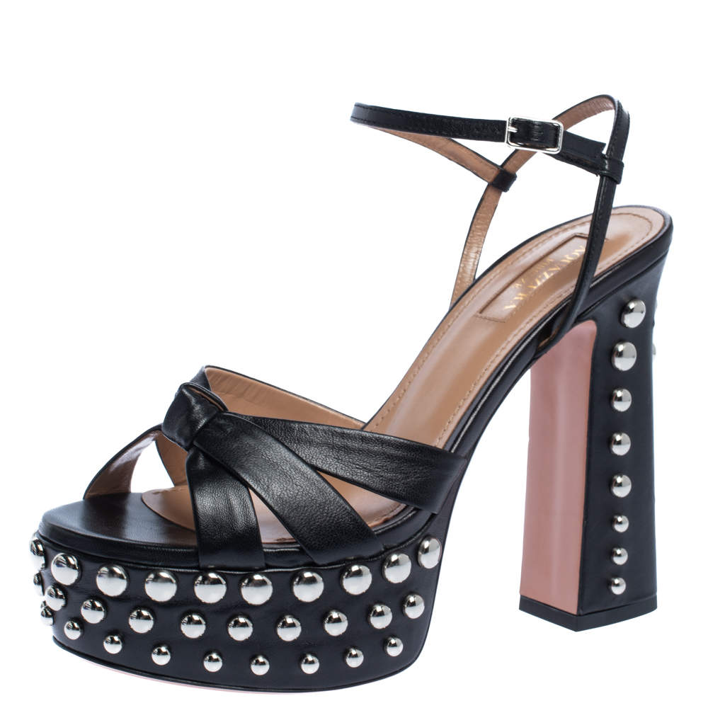 Pre Owned Aquazzura Black Leather Opera Studded Platform Ankle Strap Sandals Size 36.5