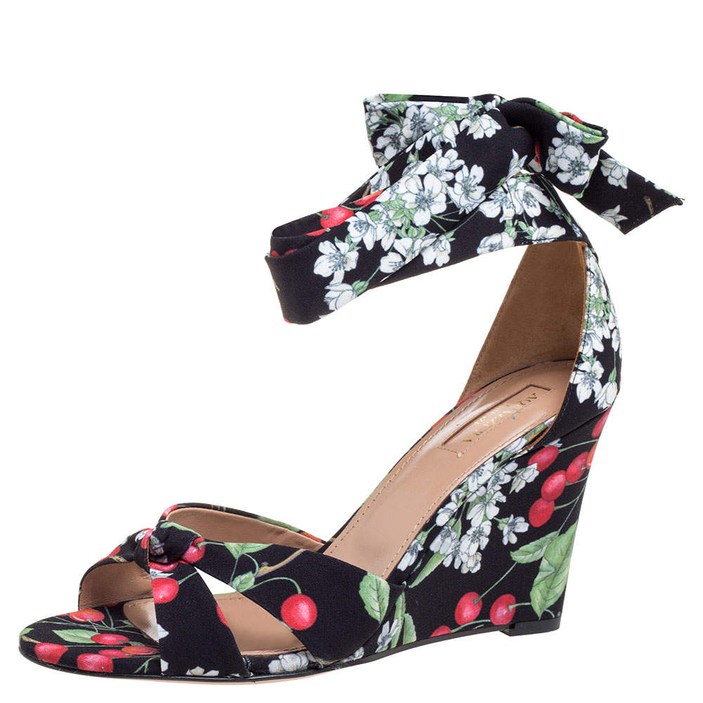 Pre Owned Aquazzura Multicolor Fabric Cherry Bloosom Ankle Wrap Wedge Sandals Size 39.5