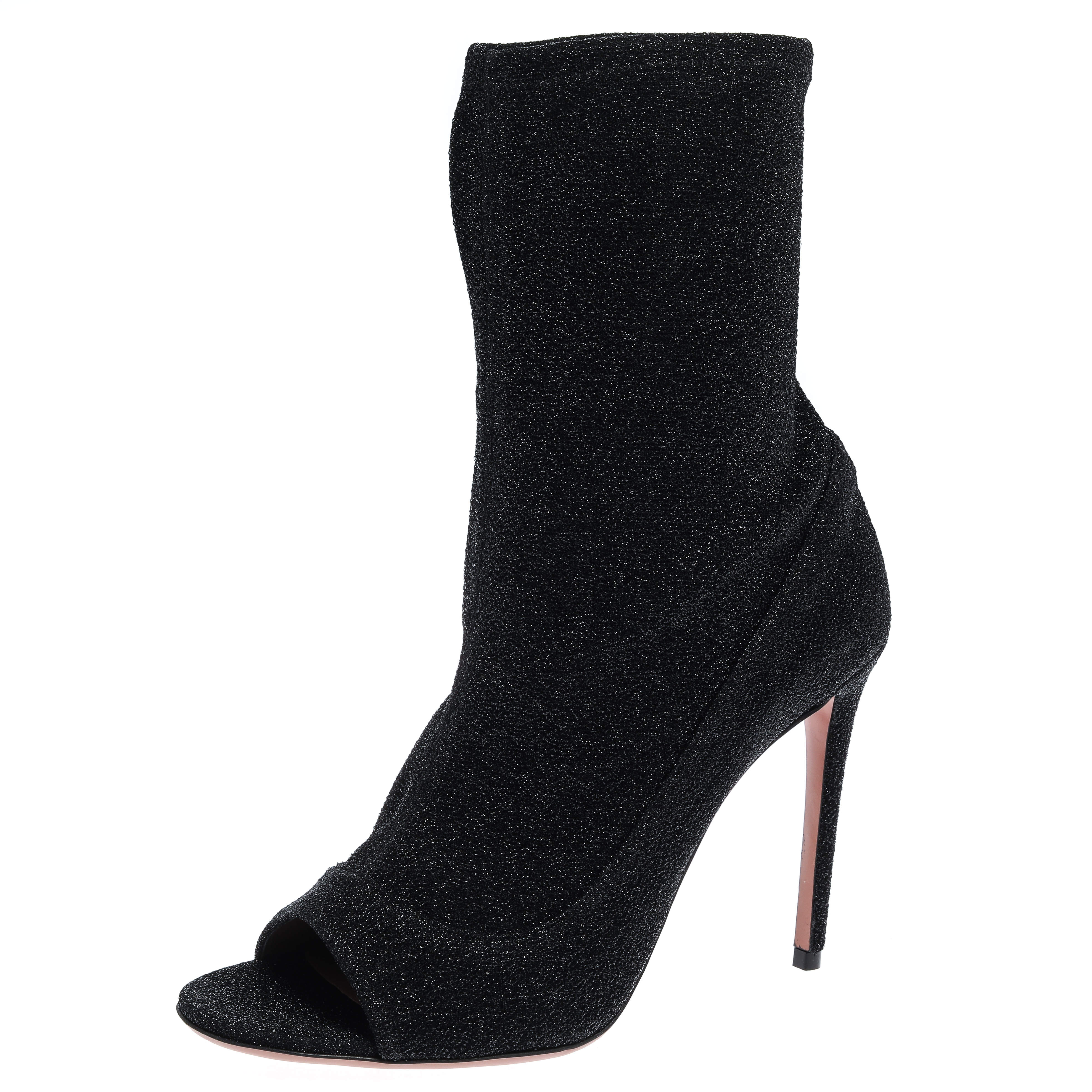 Pre Owned Aquazzura Black Lurex Fabric Eclair Peep Toe Ankle Boots Size 38
